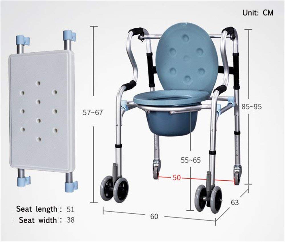 Foldable Commode Chair with Wheels - Portable Toilet & Shower Chair for Elderly, Disabled & Pregnant Women - Mobile Transport Wheelchair for Home & Hospital Use