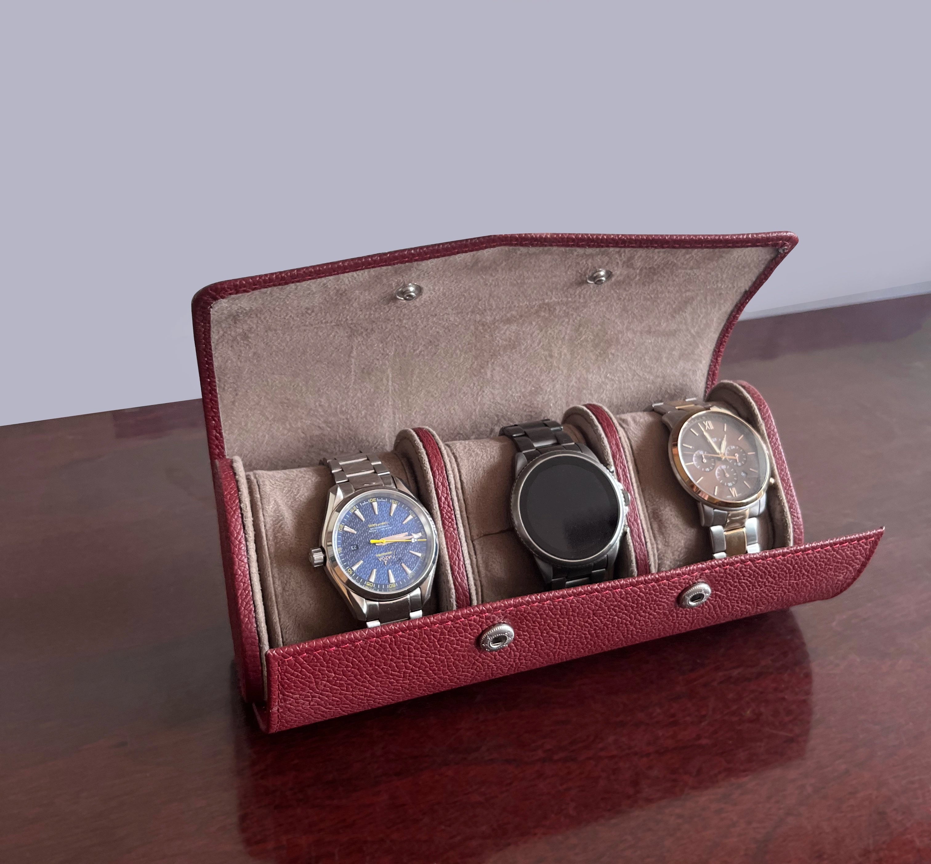 Premium 3-Slot Leather Travel Watch Case for Men & Women - Durable & Stylish Watch Organizer (Red) - Perfect for Business Trips, Vacations & Daily Storage