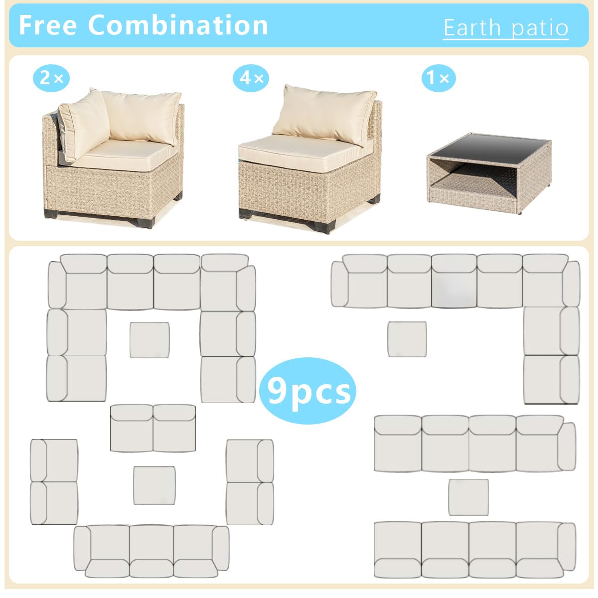 9-Piece Wicker Patio Furniture Set with Waterproof Cushions & Coffee Table - Outdoor Sectional Sofa Conversation Set for Backyard, Garden, Poolside - Beige Rattan Patio Seating for Relaxing & Entertaining