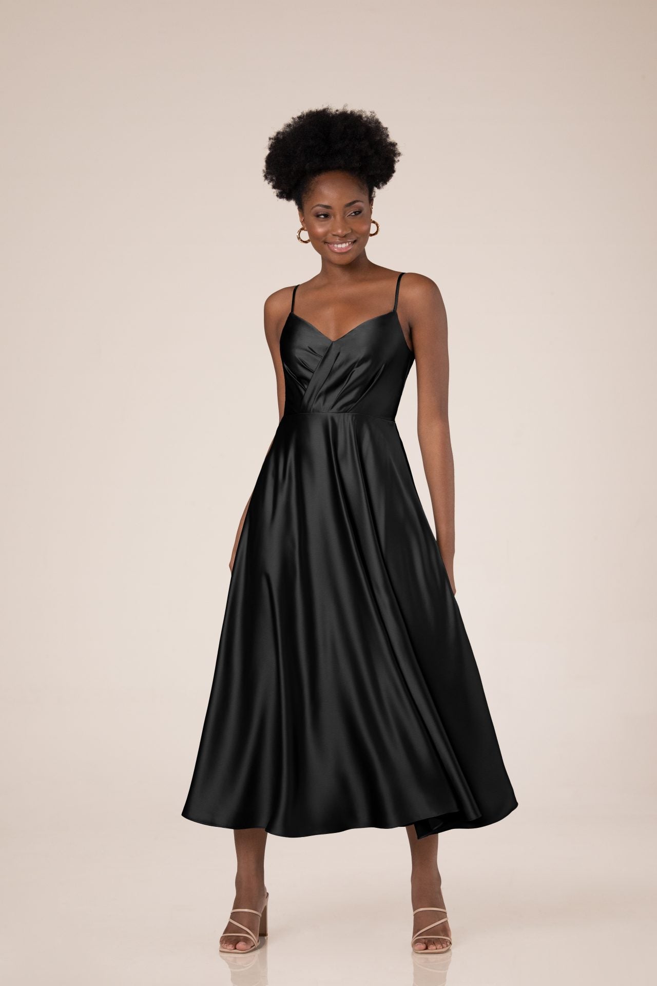 Mikayla Tea Length Charmeuse Dress - Elegant Flowy Formal Gown for Weddings, Parties & Special Occasions
