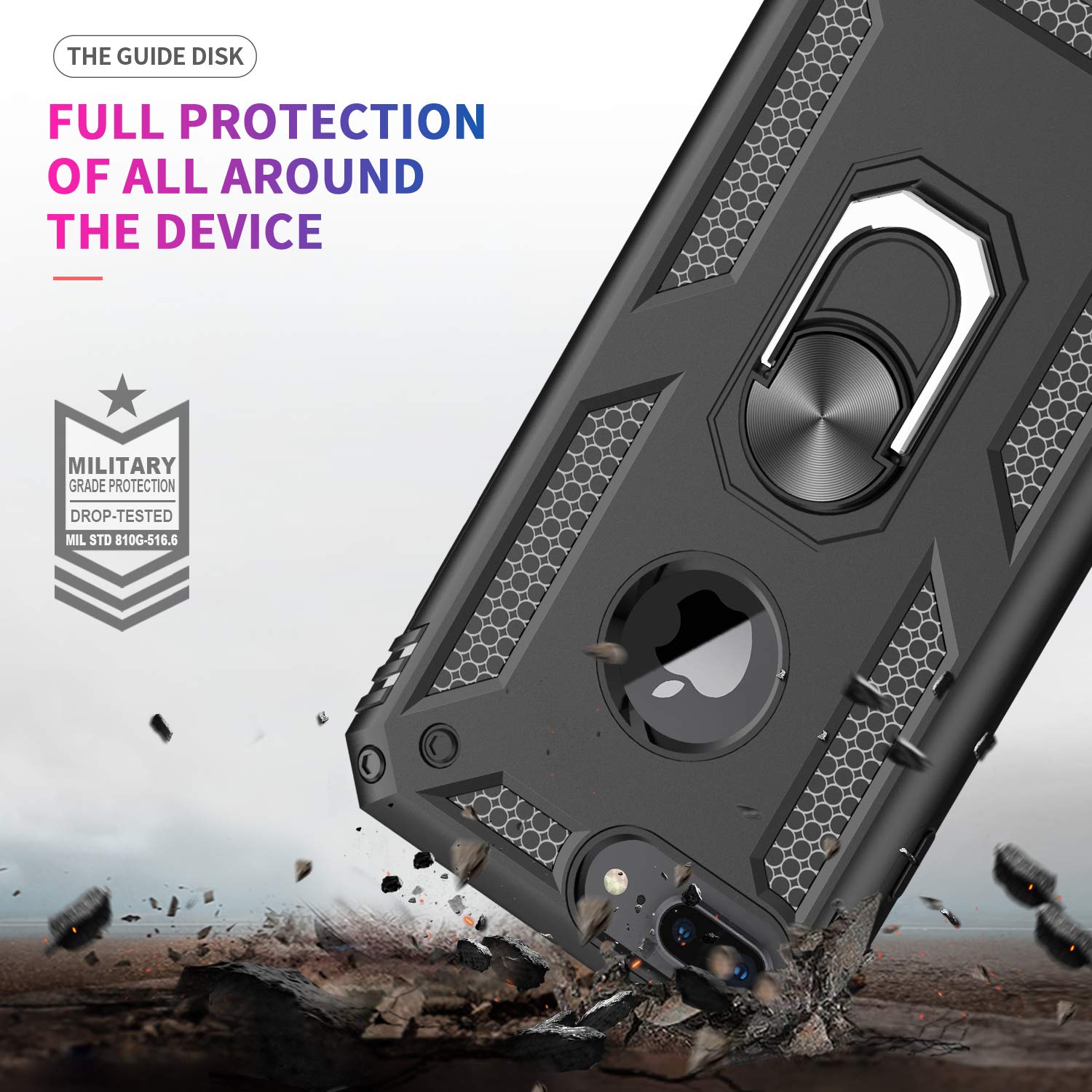 LeYi Military-Grade Shockproof iPhone 8 Plus/7 Plus/6 Plus/6s Plus Case with Tempered Glass Screen Protector [2 Pack] - Kickstand & Ring Holder, Black - Perfect for Outdoor Activities, Travel & Daily Protection