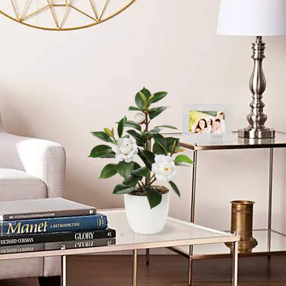 Briful Mini Camellia Artificial Potted Plants - Small Faux Plastic Flowers with Vase for Home, Office, Desk, Kitchen Decor | Perfect for Indoor Greenery, Table Centerpieces & Shelf Displays