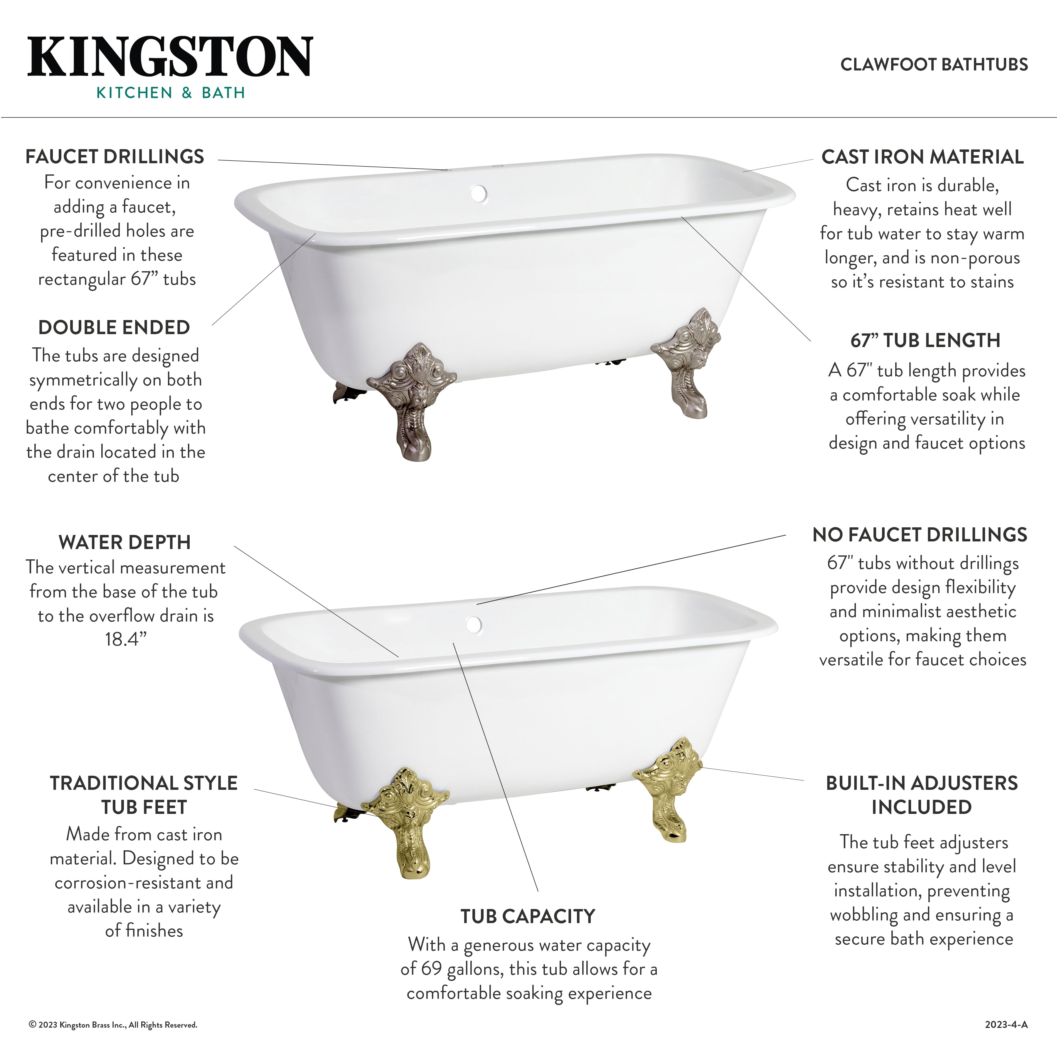 67 Inch White Cast Iron Clawfoot Bathtub - Rectangular Double Ended Freestanding Soaking Tub for Bathroom & Spa Relaxation (No Faucet Drillings)
