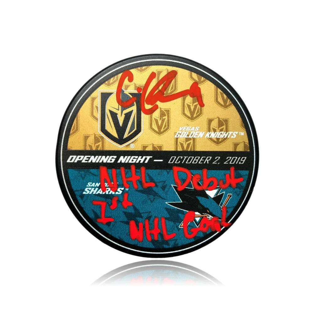 Cody Glass Autographed Vegas Golden Knights NHL Debut & 1st Goal Game Used Puck vs Sharks - BAS COA - Collectible Hockey Memorabilia for Fans & Sports Enthusiasts