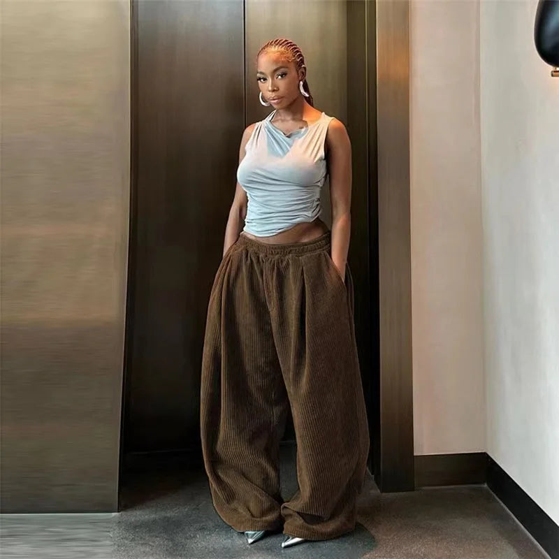 Y2K Corduroy Wide Leg Pants for Women - High Waist Casual Streetwear with Pockets | Autumn Winter Loose Fit Long Pants | Perfect for Everyday Wear, Office & Fashion Outfits