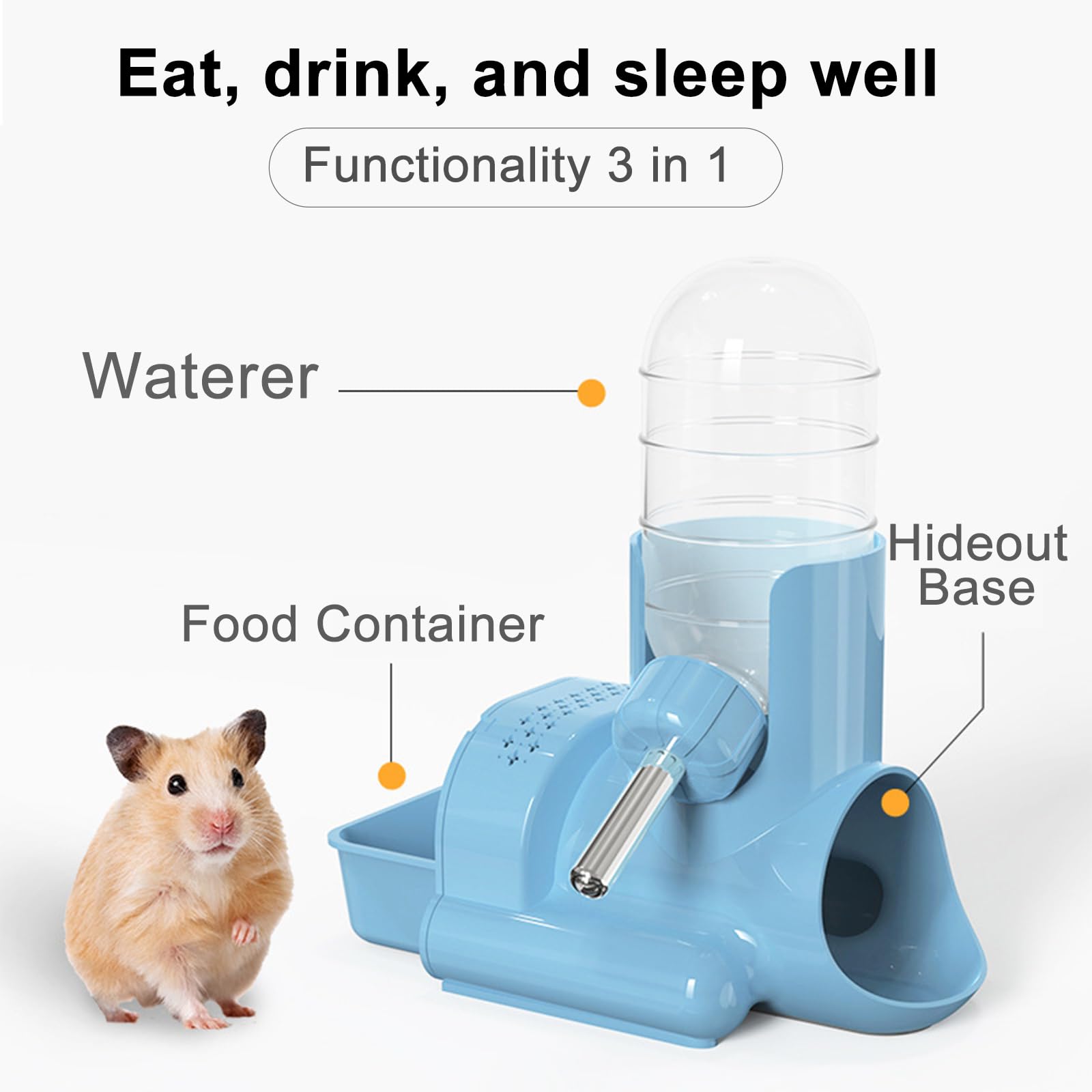 **3-in-1 Automatic Water Bottle Dispenser with Food Container & Base Hut for Hamsters, Mice, Rats, Hedgehogs – Free Standing, 120ml (Blue) – Perfect for Small Pet Cages & Habitats**