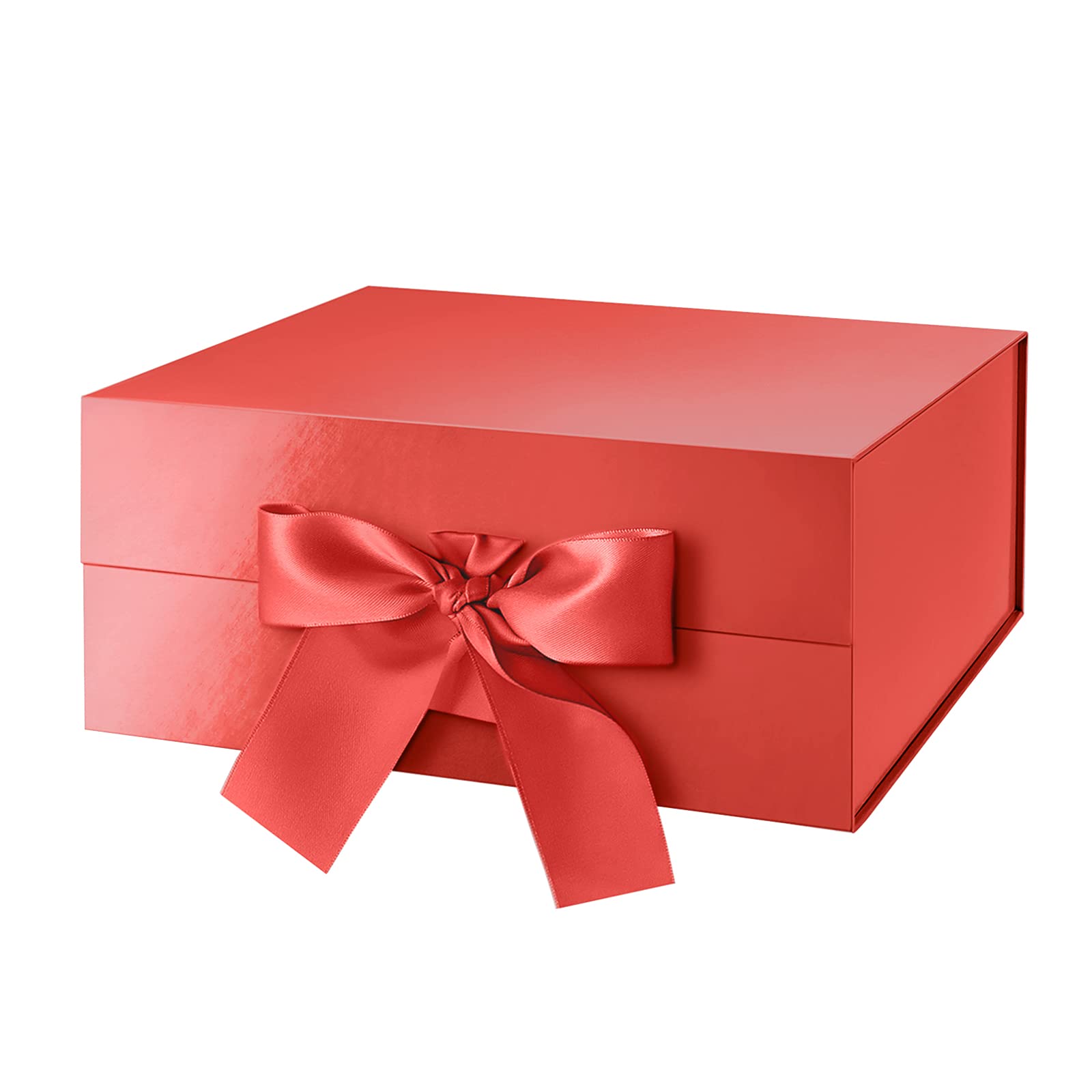 Valentine's Day Gift Box with Ribbon - 9x6.5x3.8 Inch Red Magnetic Bridesmaid Proposal Box with Lid - Glossy Finish Present Box for Jewelry, Chocolates & Romantic Gifts - Perfect for Weddings, Anniversaries & Special Occasions