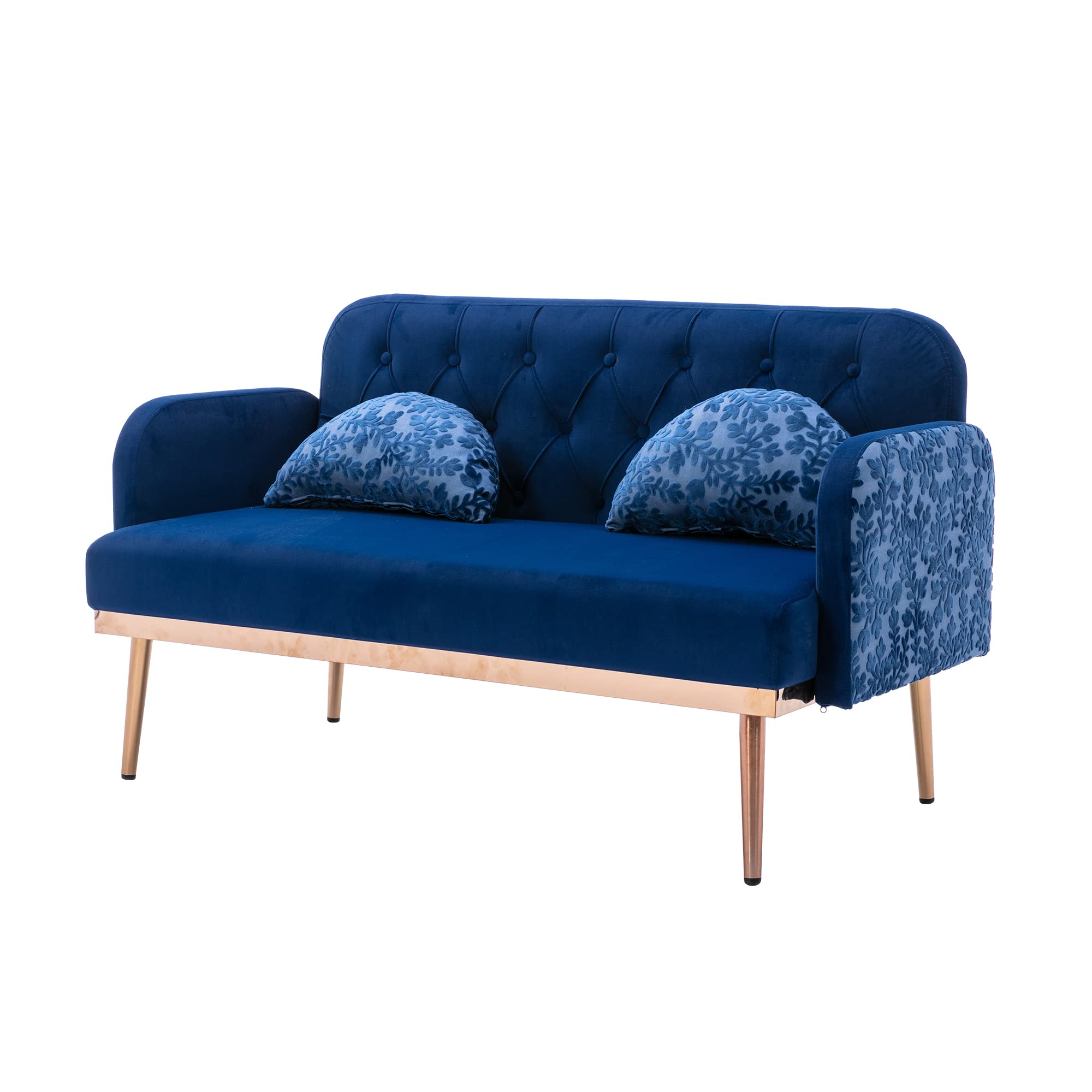 Velvet Accent Loveseat Sofa with Gold Legs & 2 Soft Pillows - Navy Blue Small Couch for Living Room, Bedroom, Apartment - Perfect for Cozy Seating & Home Decor