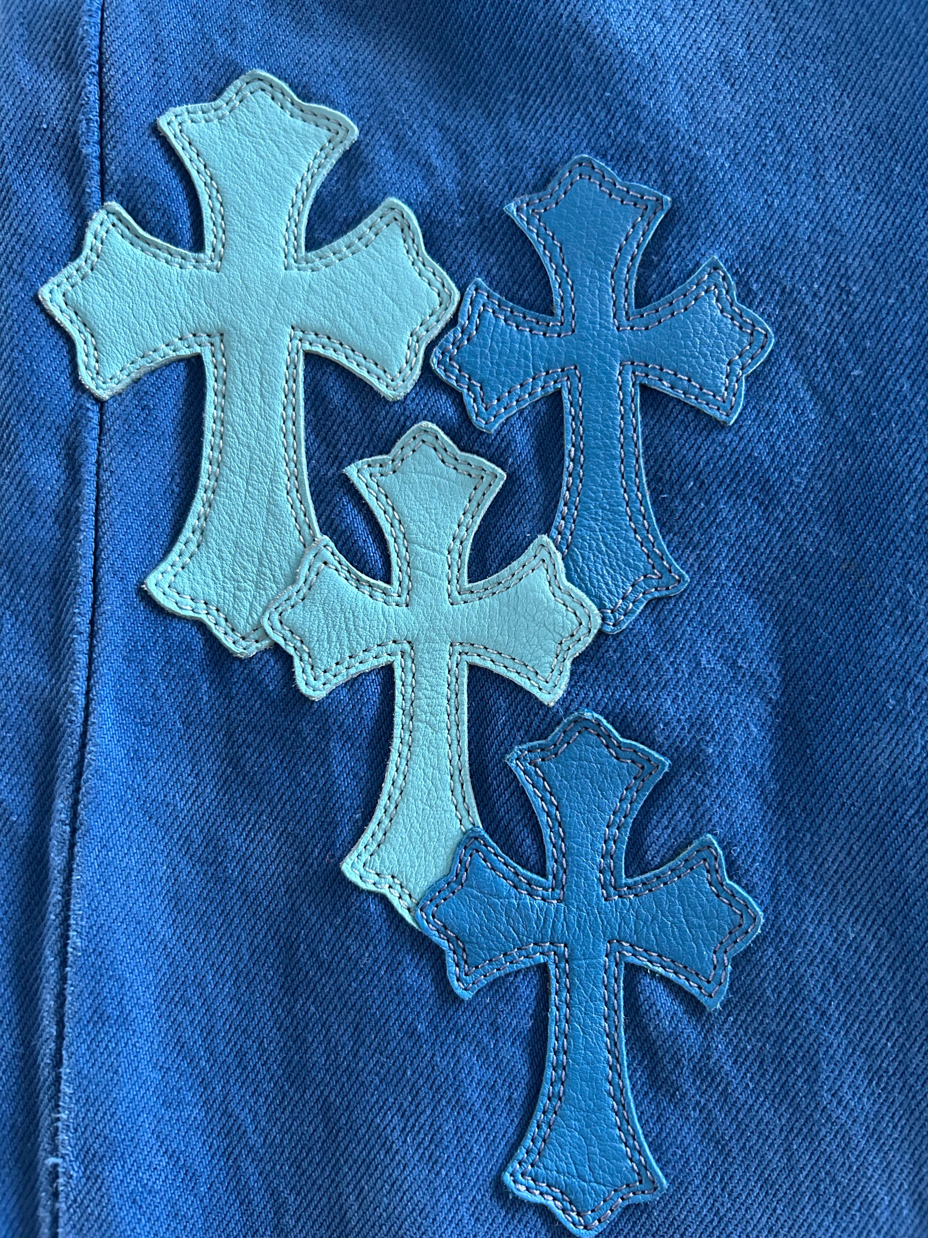 Chrome Hearts x Levi's London Exclusive Blue Dyed Cross Patch Denim Jeans for Men - Vintage Distressed Skinny Fit Pants | Perfect for Streetwear, Fashion Shows & Night Out