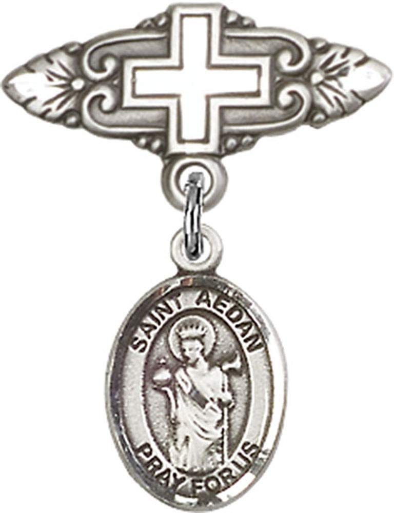 Sterling Silver Baby Badge with St. Aedan of Ferns Charm & Cross Badge Pin - Handmade in USA - Perfect for Christening, Baptism & First Communion Gifts