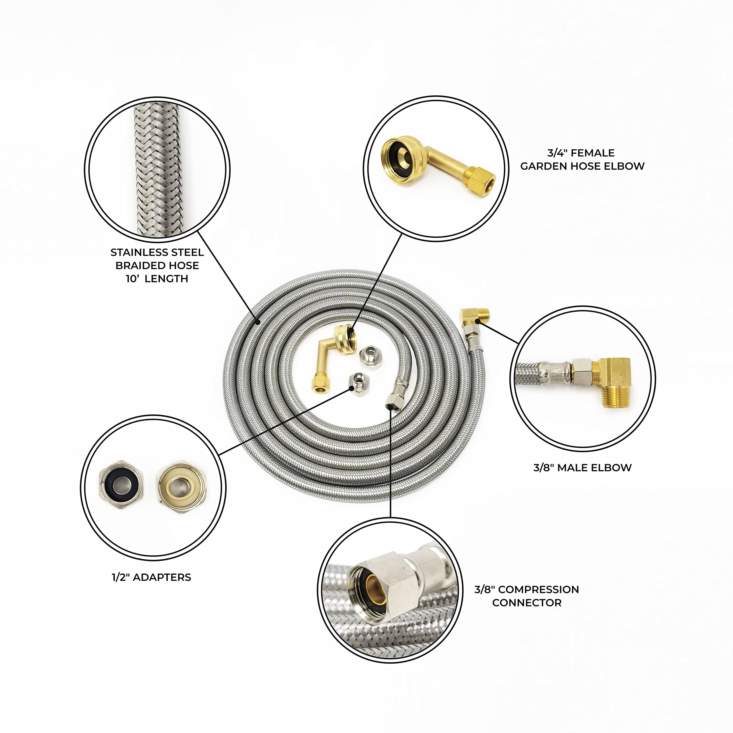 Premium Stainless Steel Dishwasher Hose Installation Kit - 3/8