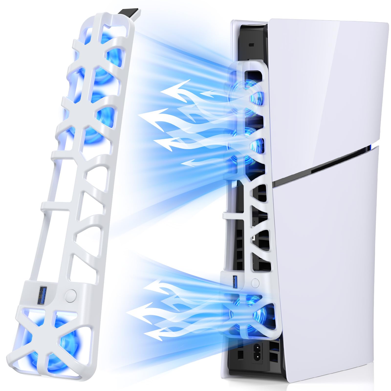PS5 Slim Cooling Fan with Adjustable Speed - 3 Speed Modes, Ultra Quiet, Auto On/Off, USB 3.0 Port & LED Light - Powerful Cooling System for PS5 Disc/Digital Edition - Perfect for Gaming, Streaming & Long Play Sessions