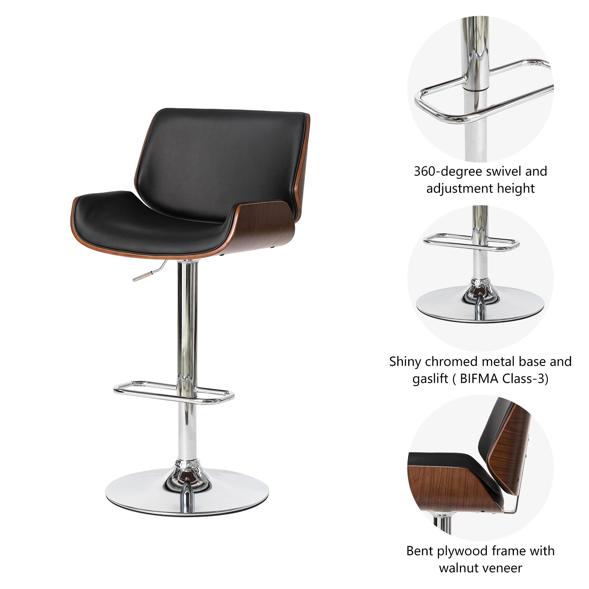 Glitzhome Adjustable Bar Stool Set of 2 - Swivel Mid-Century Modern PU Leather Counter Height Dining Chairs with Back Support, Black Walnut Bentwood Design - Perfect for Kitchen Islands, Breakfast Bars & Home Bars