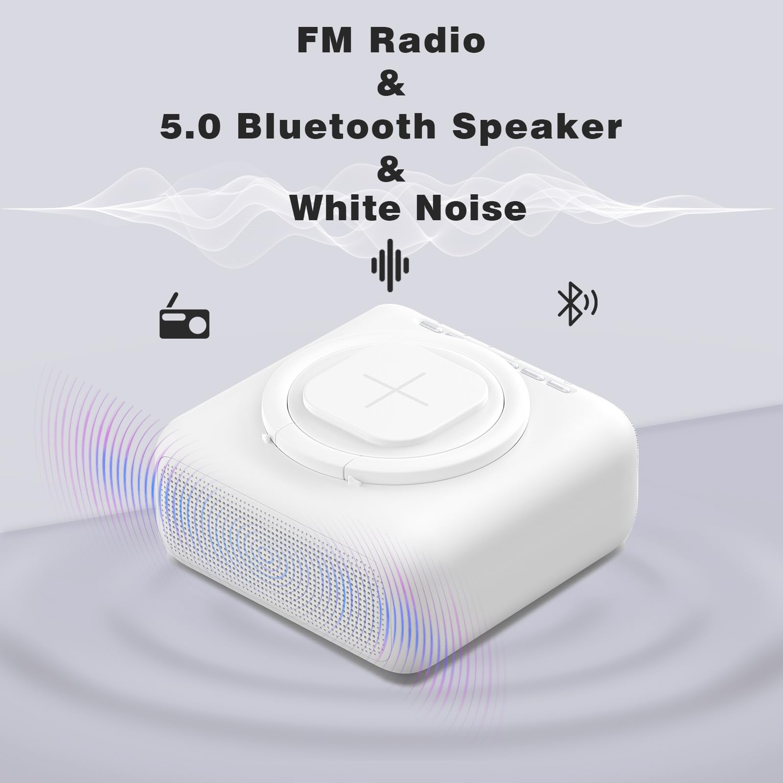 Wireless Charging Alarm Clock Radio with Bluetooth Speaker, White Noise Machine for Sleeping - 12 Soothing Sounds, FM Radio, Adjustable LED Night Light & Phone Stand for Bedroom, Home, Office | Perfect for Nighttime Relaxation, Sleep Aid and Desk Organization