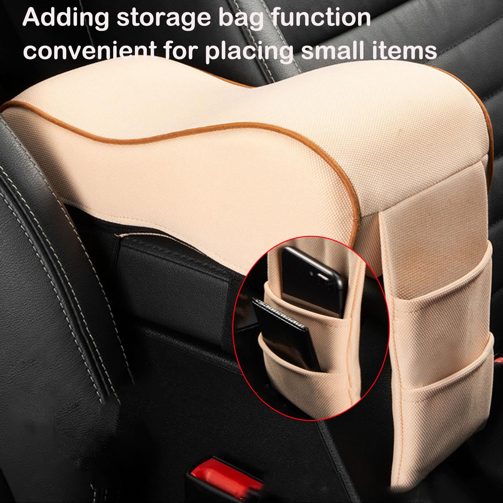 **Universal Car Armrest Cushion with Memory Foam & Phone Holder - Soft Center Console Pillow Pad with Storage Pockets - Beige - Comfort for Long Drives & Road Trips**