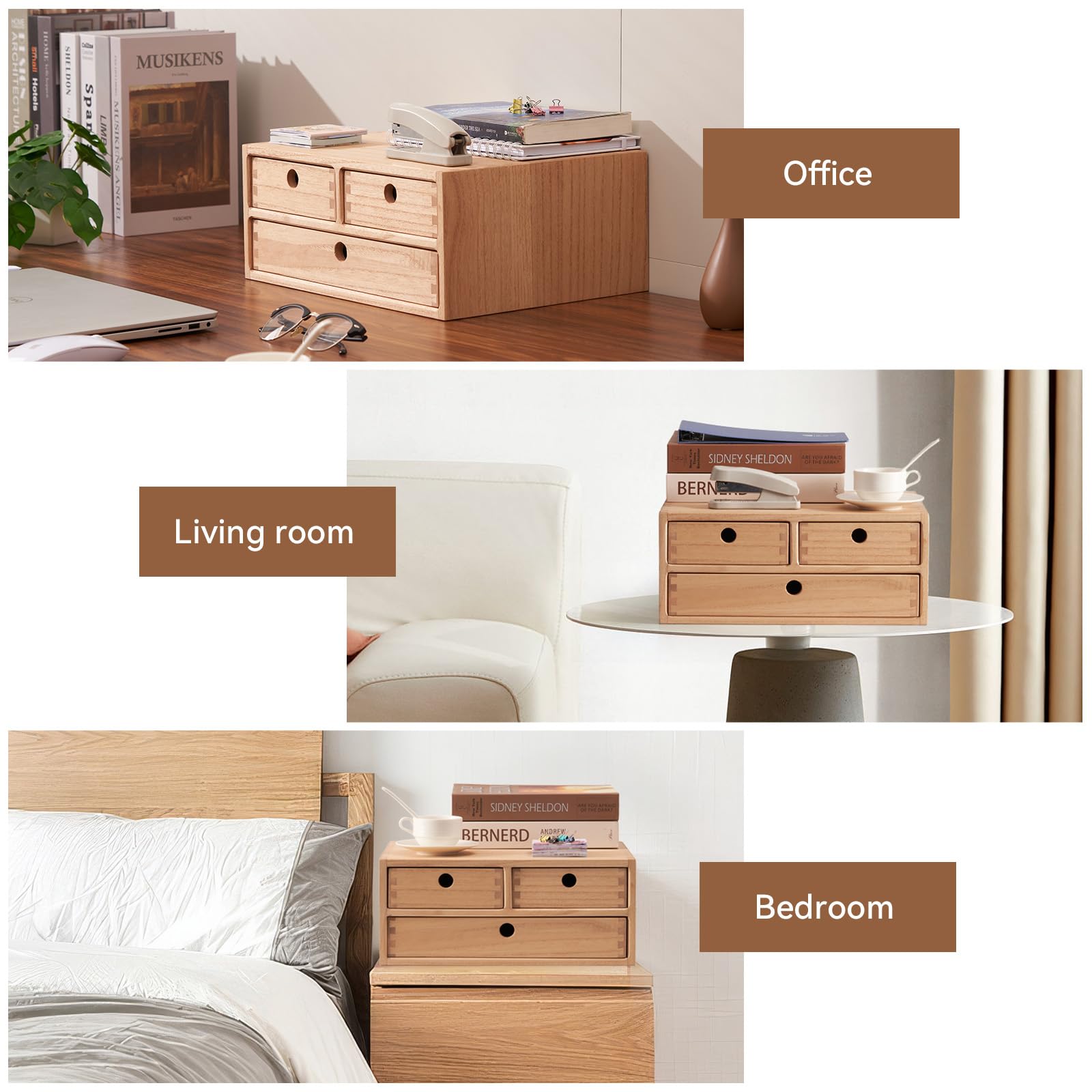 Kirigen Natural Wooden Desktop Organizer with 3 Drawers - 2-Layer Office Supplies & Jewelry Storage Shelf - Perfect for Home Office, Desk Organization, and Small Item Storage (NA, 2-Layer & 3 Drawers)