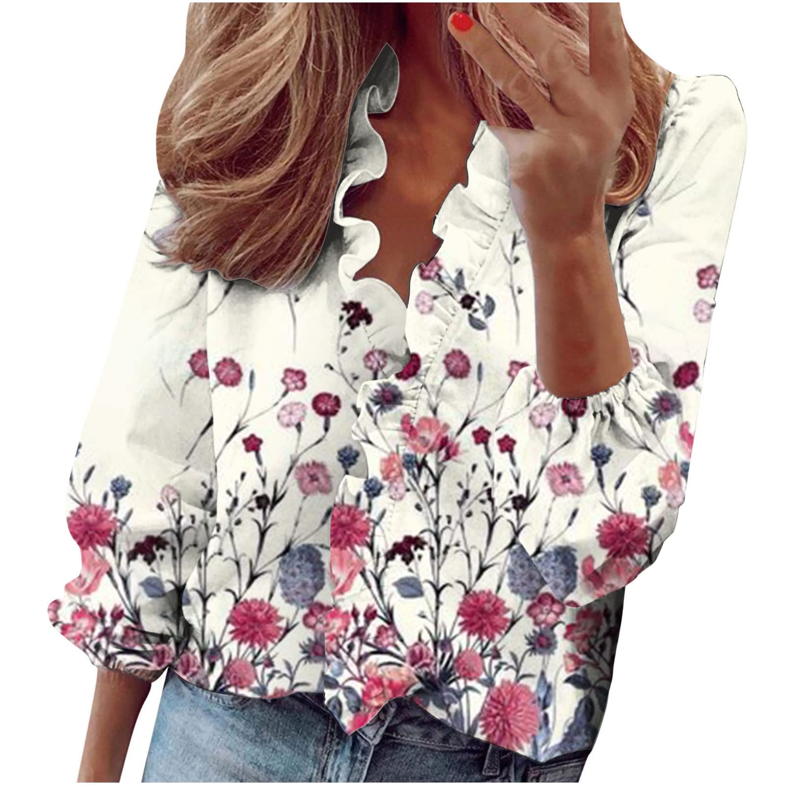 Women's Long Sleeve Floral Print Blouse - Trendy Ruffle Hem V-Neck Loose Fit T-Shirt with Baggy Sleeves | Casual Wear, Office Outfits & Spring Fashion