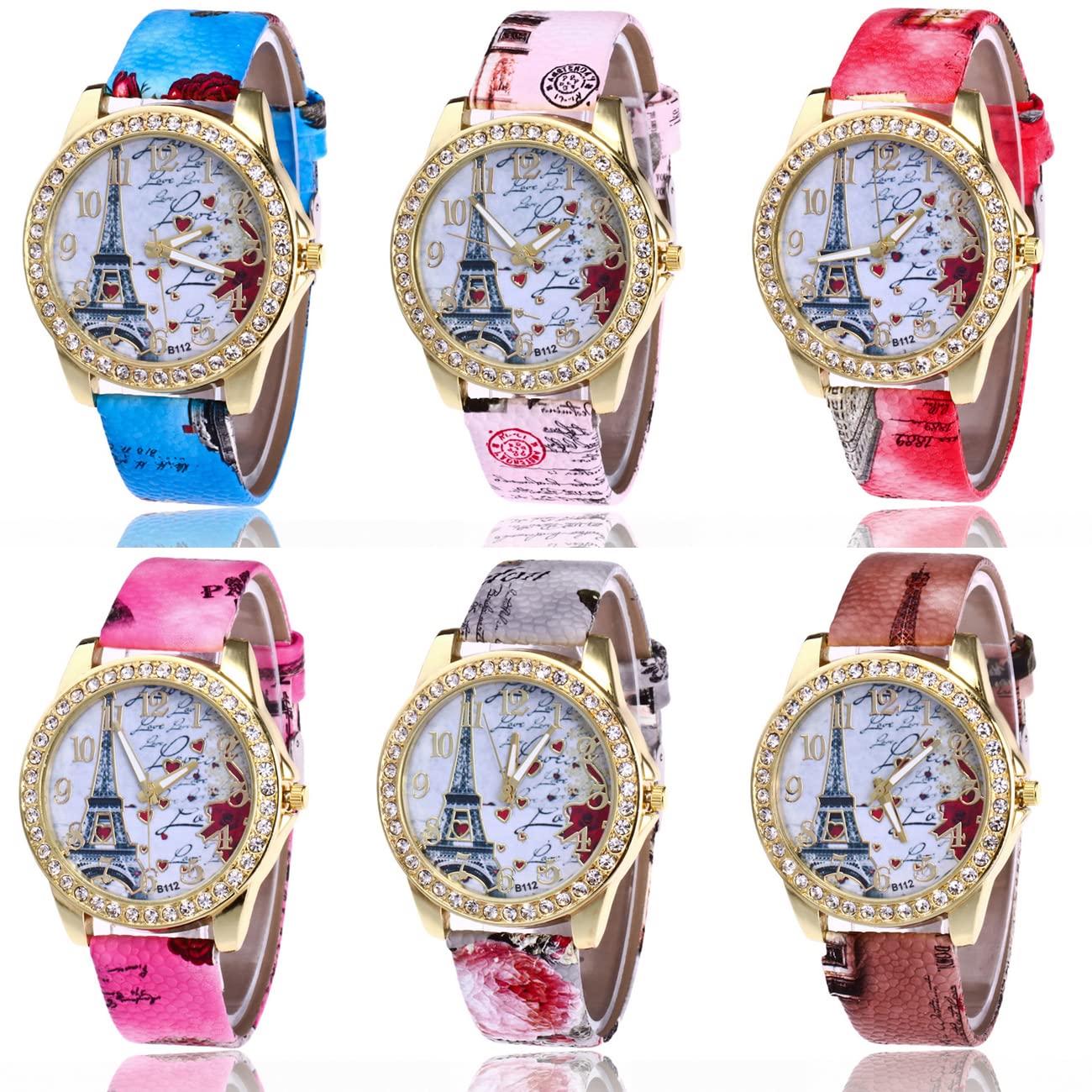 CdyBox 6 Pack PU Leather Strap Watches for Women - Rhinestone Bling Ladies Wristwatch Set, Fashion Gift for Mother's Day, Birthday, Anniversary | Perfect for Daily Wear, Office, Party & Special Occasions