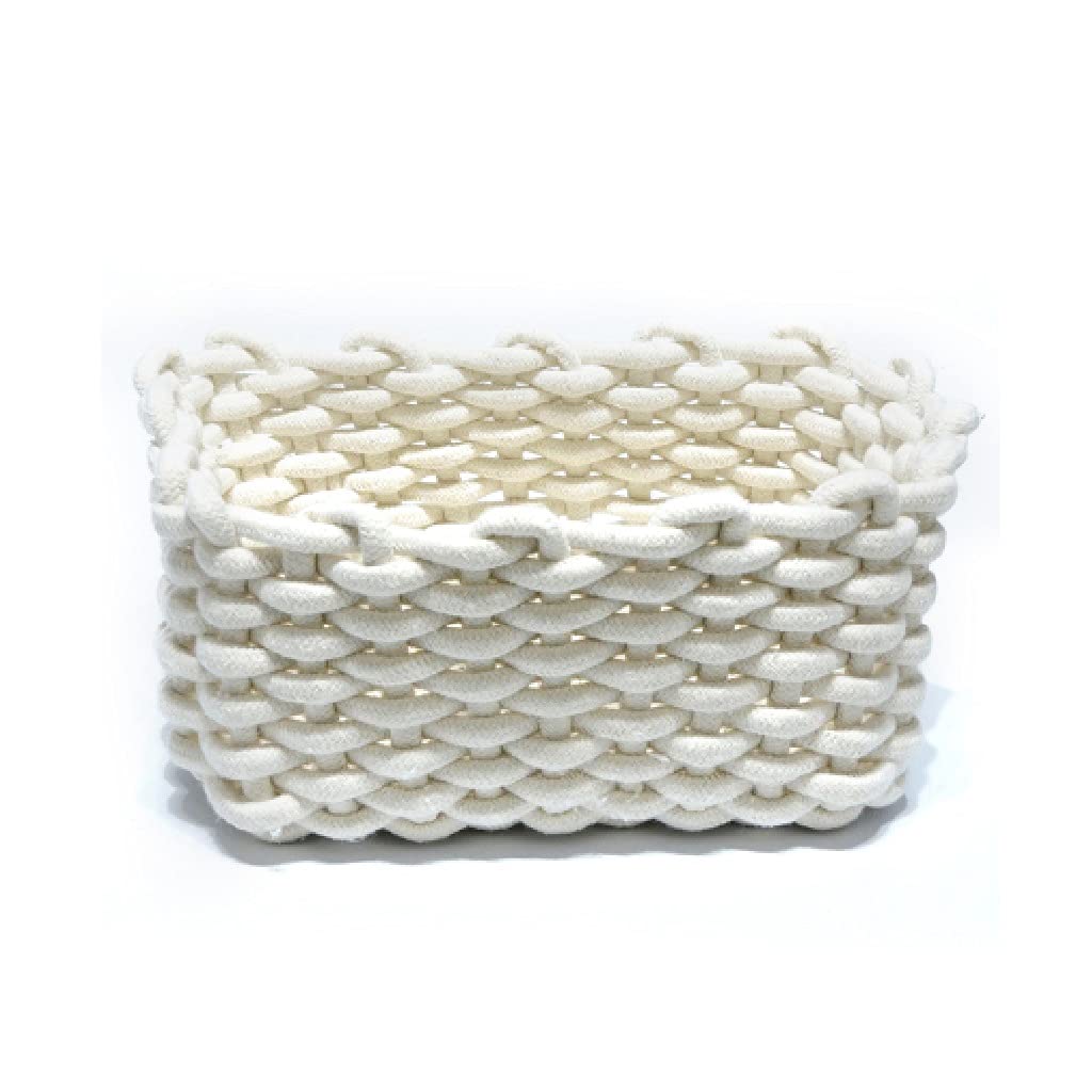 Hand-Woven Cotton Storage Basket Organizer - Thick Woven Storage Box for Toys, Snacks, Keys & Sundries - White Desktop Tray for Home, Office & Nursery Organization