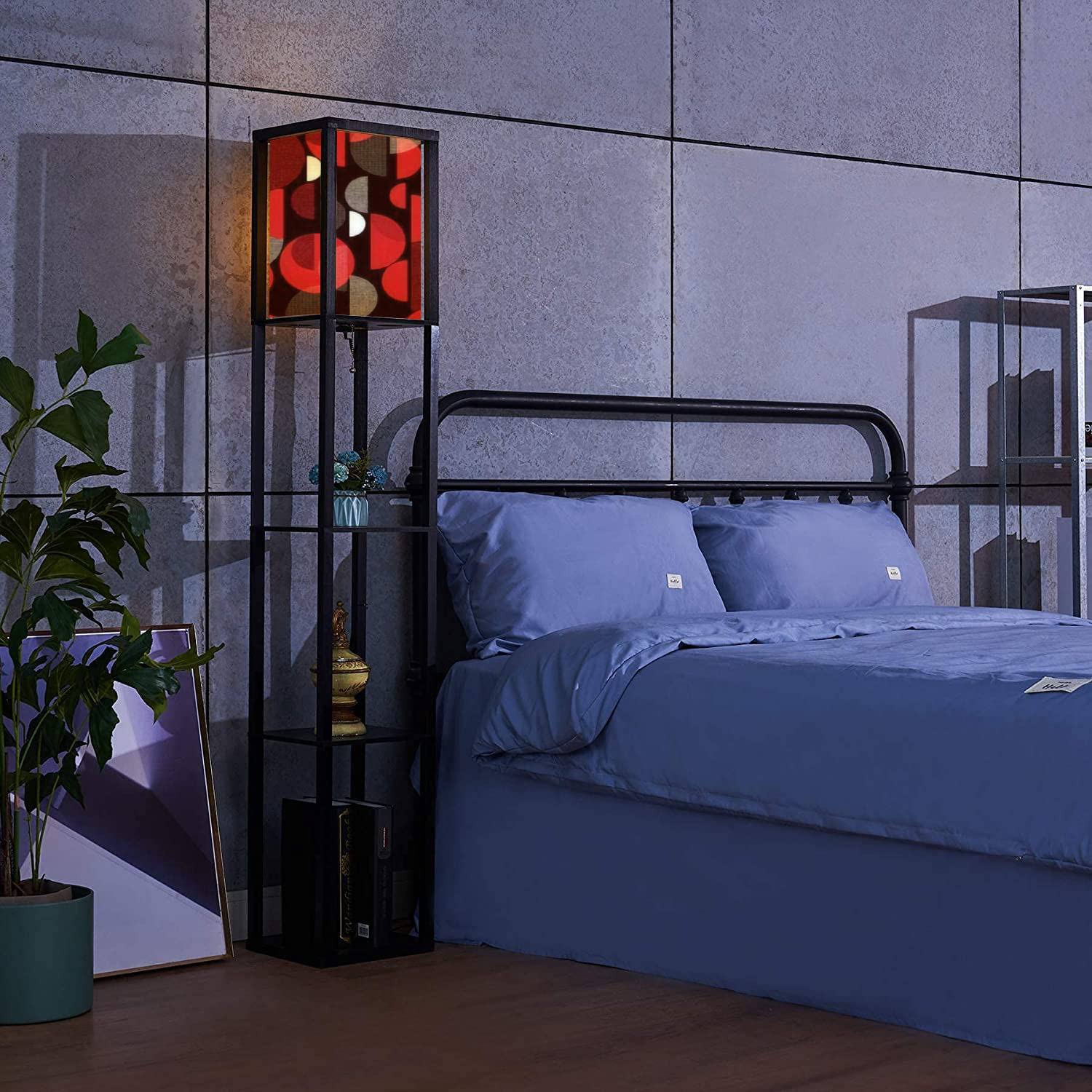Modern Geometric Standing Lamp with Shelves - Red & Black Vertical Design, Flaxen Fabric Shade - Tall Corner Floor Lamp for Living Room, Bedroom - Perfect for Reading Nook, Home Office Lighting & Aesthetic Decor