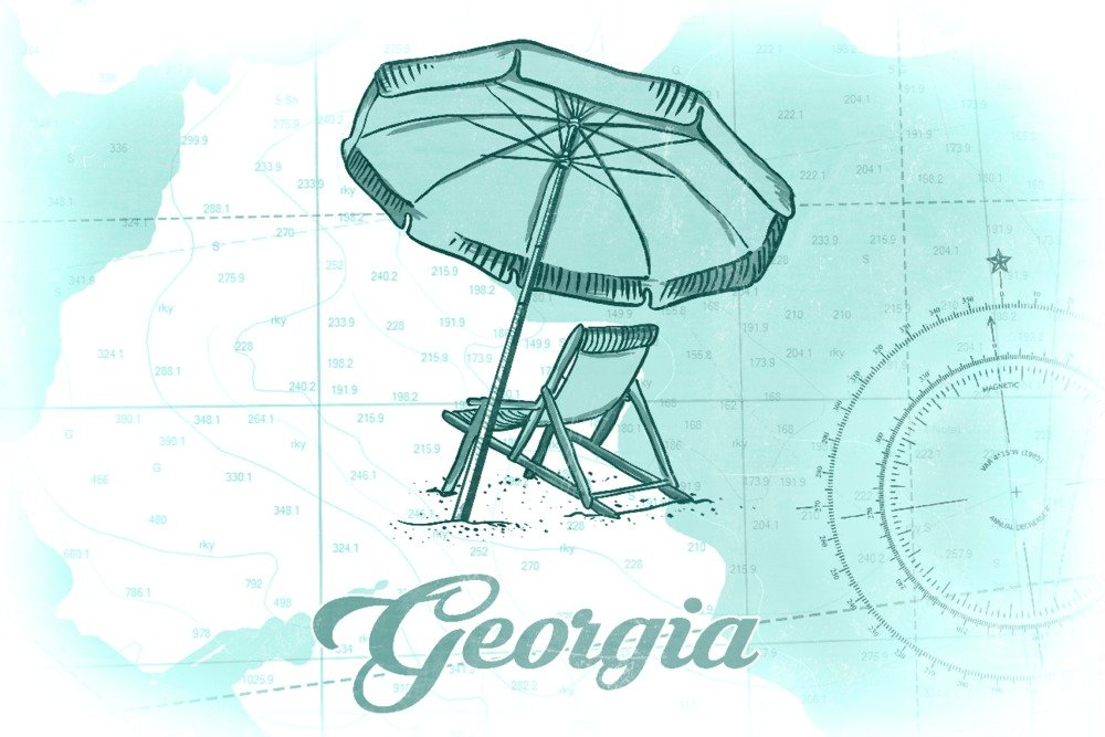 Georgia Beach Chair and Umbrella Metal Wall Art - Teal Coastal Decor (16x24 Inches, Gallery Quality Aluminum Print) for Living Room, Bedroom, or Beach House Decor