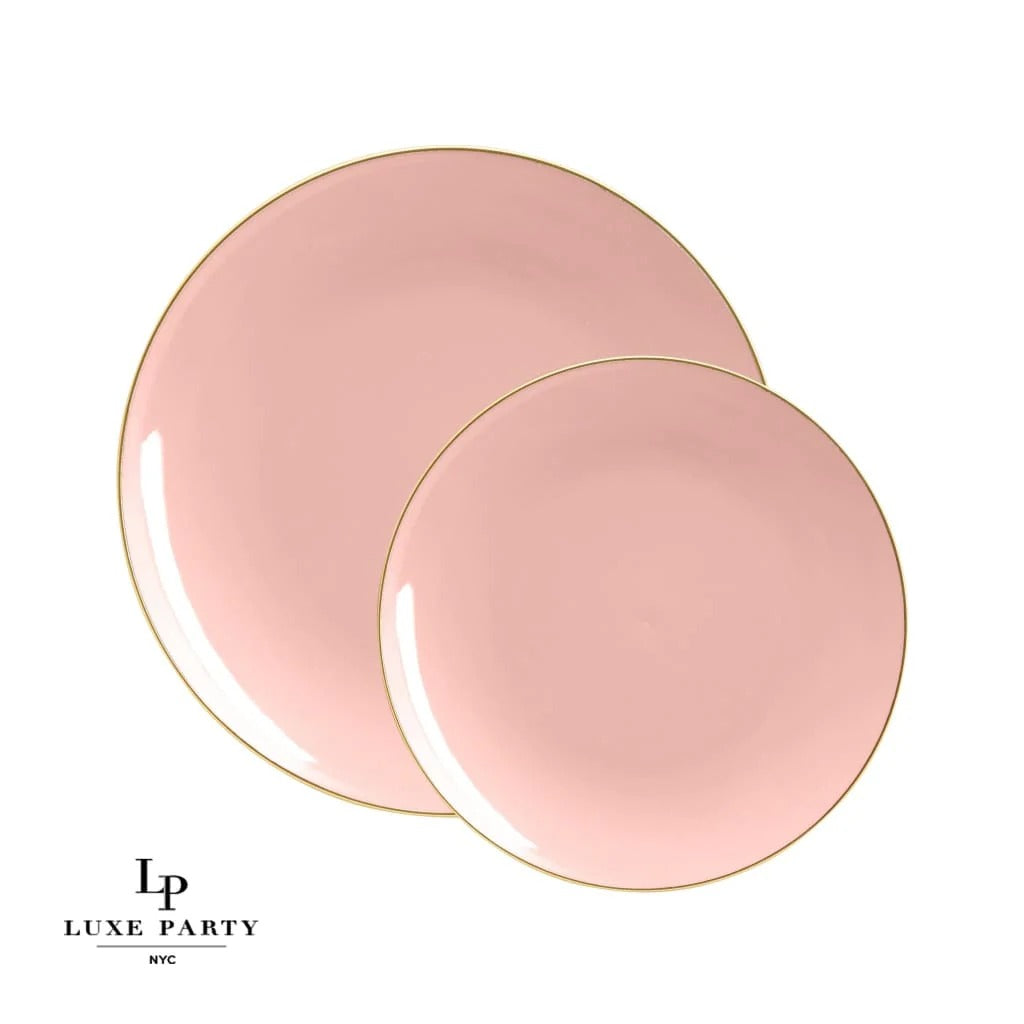 Elegant Coral & Gold Rim Round Plastic Plates - 12-Pack Eco-Friendly Disposable Dinnerware for Parties, Weddings & Outdoor Events