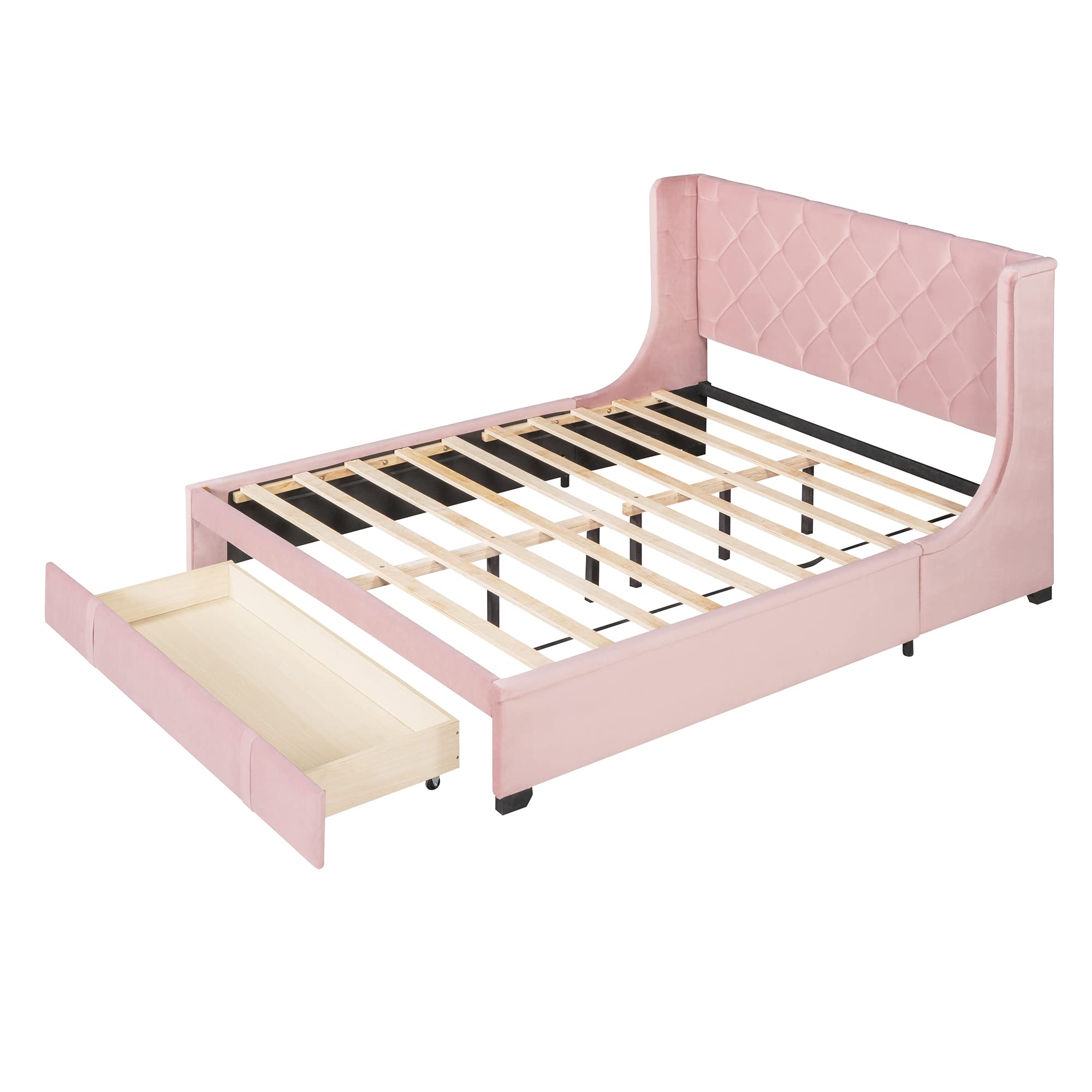P PURLOVE Queen Size Velvet Upholstered Platform Bed Frame with Wingback Headboard & Storage Drawer - No Box Spring Needed, Easy Assembly (Pink) | Modern Bedroom Furniture for Small Spaces & Guest Rooms