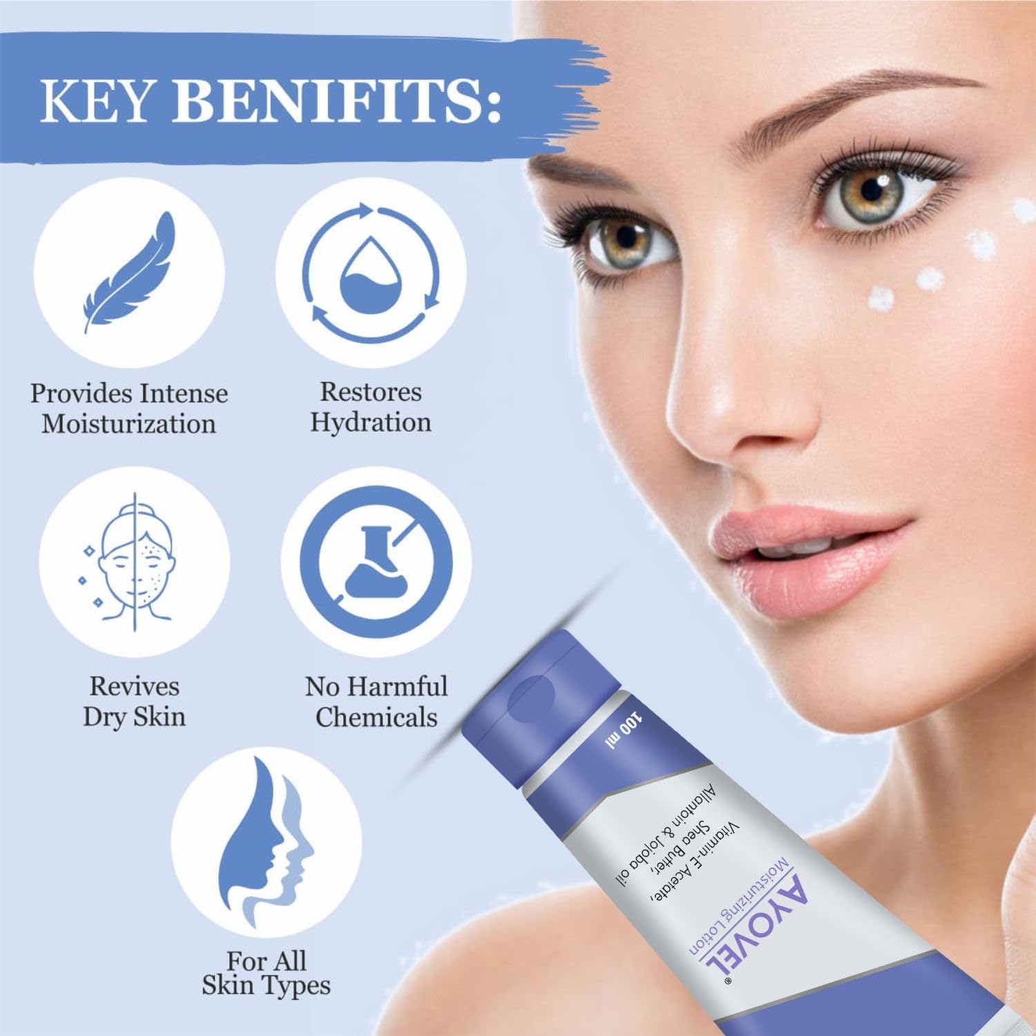 Ayovel Skin Moisturizing Lotion for Winter - Vitamin E Enriched Face & Body Moisturizer for Dry & Oily Skin | Oil-Free, Lightweight Formula for Glowing Skin | 100ml | Perfect for Daily Hydration & Night Care Routine