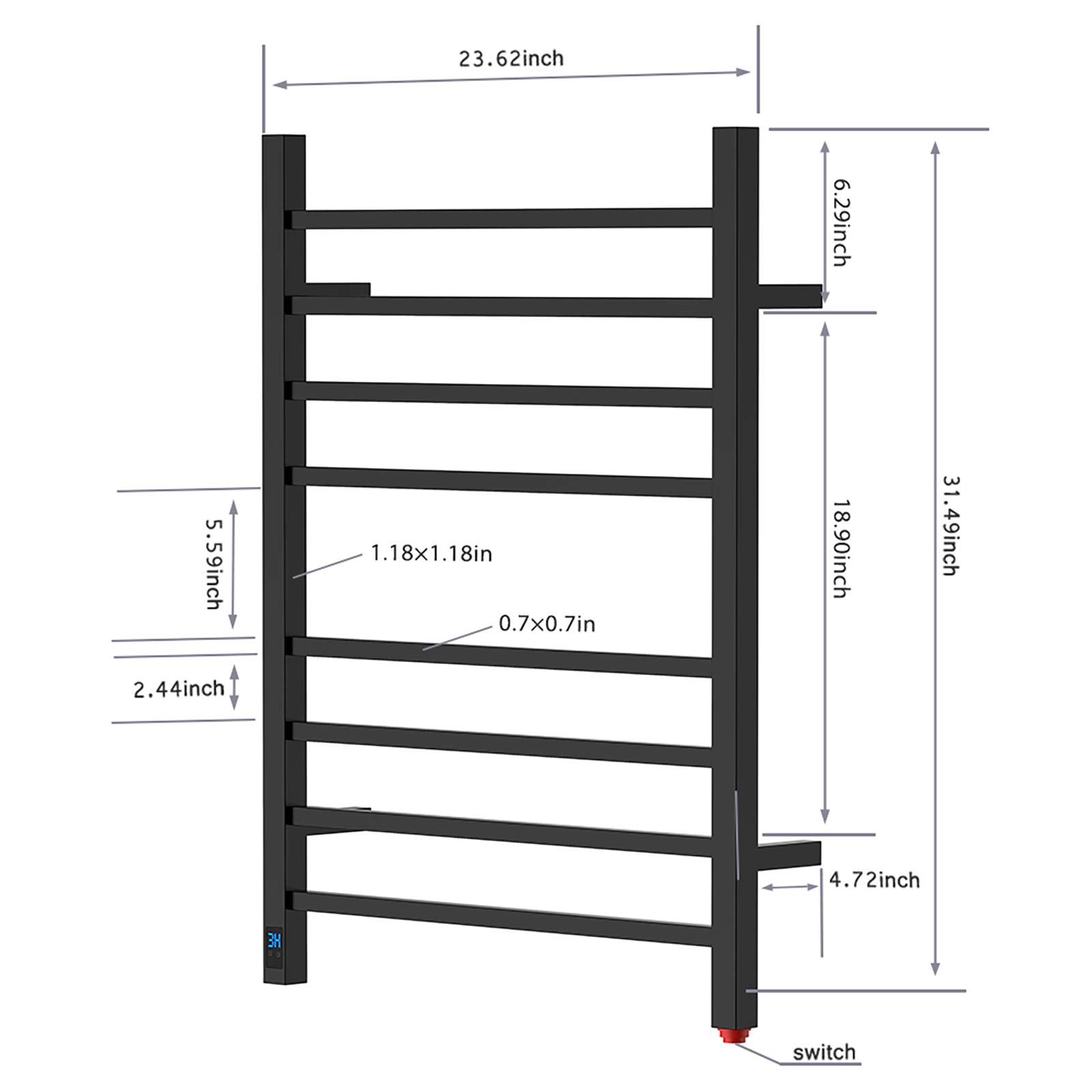 HEATGENE Electric Towel Warmer with Timer & Temperature Control - 8 Square Bar Wall-Mounted Towel Rack | Plug-in or Hardwired Installation | Matte Black | Perfect for Bathrooms, Spas & Luxury Homes