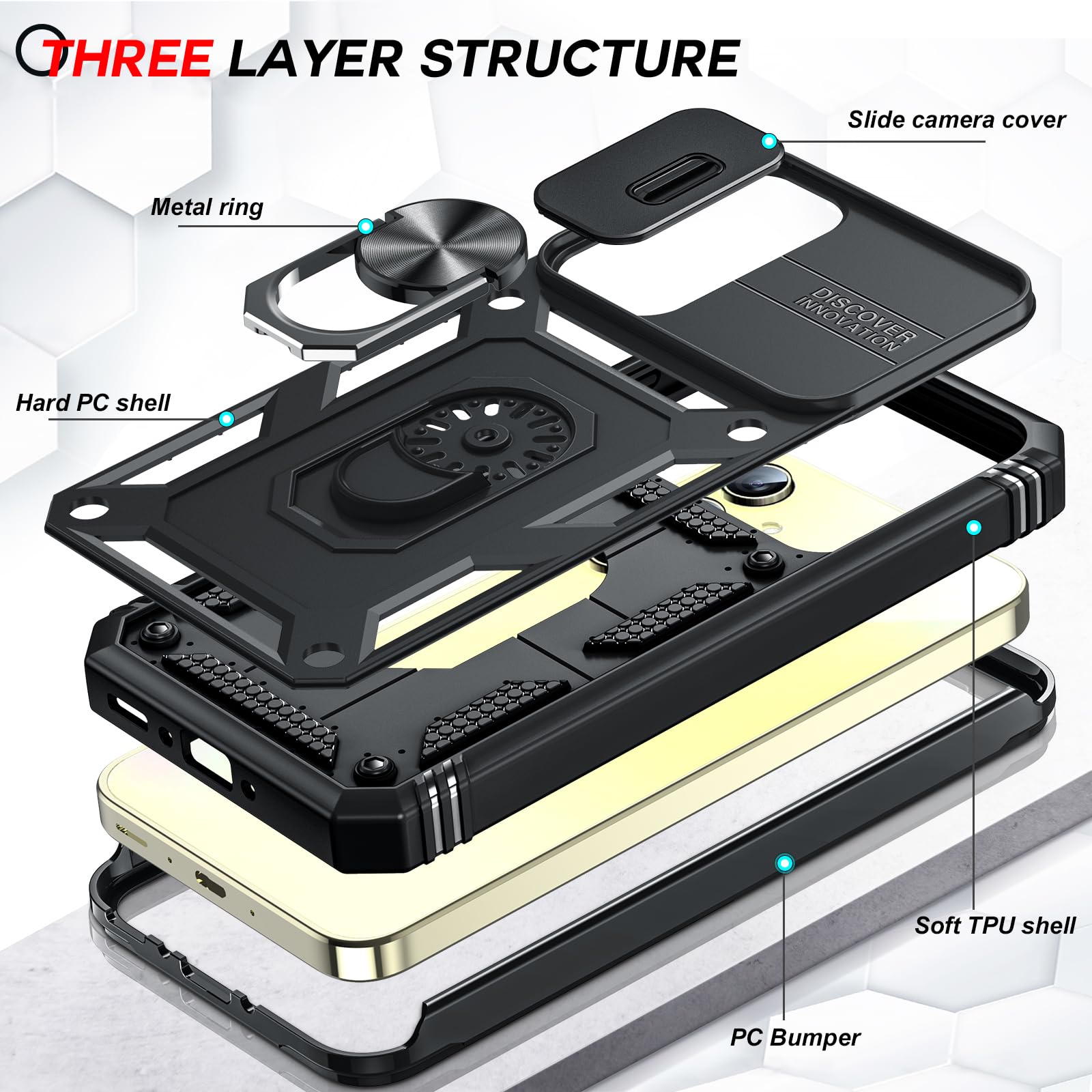 Shockproof Armor Case for Samsung Galaxy A35 5G with Camera Cover Slider & Ring Stand | 2-Pack Tempered Glass Screen Protectors Included | Full Body Protection for Work, Travel & Outdoor Activities (Black)
