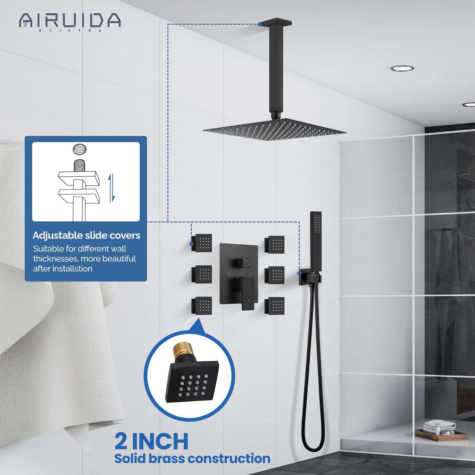 Airuida Matte Black Ceiling Mount Shower System Set - 12 Inch SUS304 Rainfall Shower Head with 6 Body Spray Jets, Brass Handheld Rain Mixer for Full Body Shower Experience | Perfect for Modern Bathroom Renovation & Spa-Like Relaxation