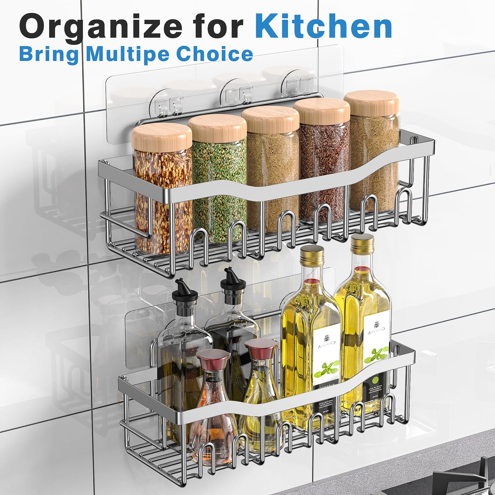 2 Pack Rustproof Stainless Steel Shower Caddy - No Drill Adhesive Bathroom Organizer for Shower Storage, Home Decor & Kitchen Organization | Perfect for Small Bathrooms, Apartments & Dorm Rooms