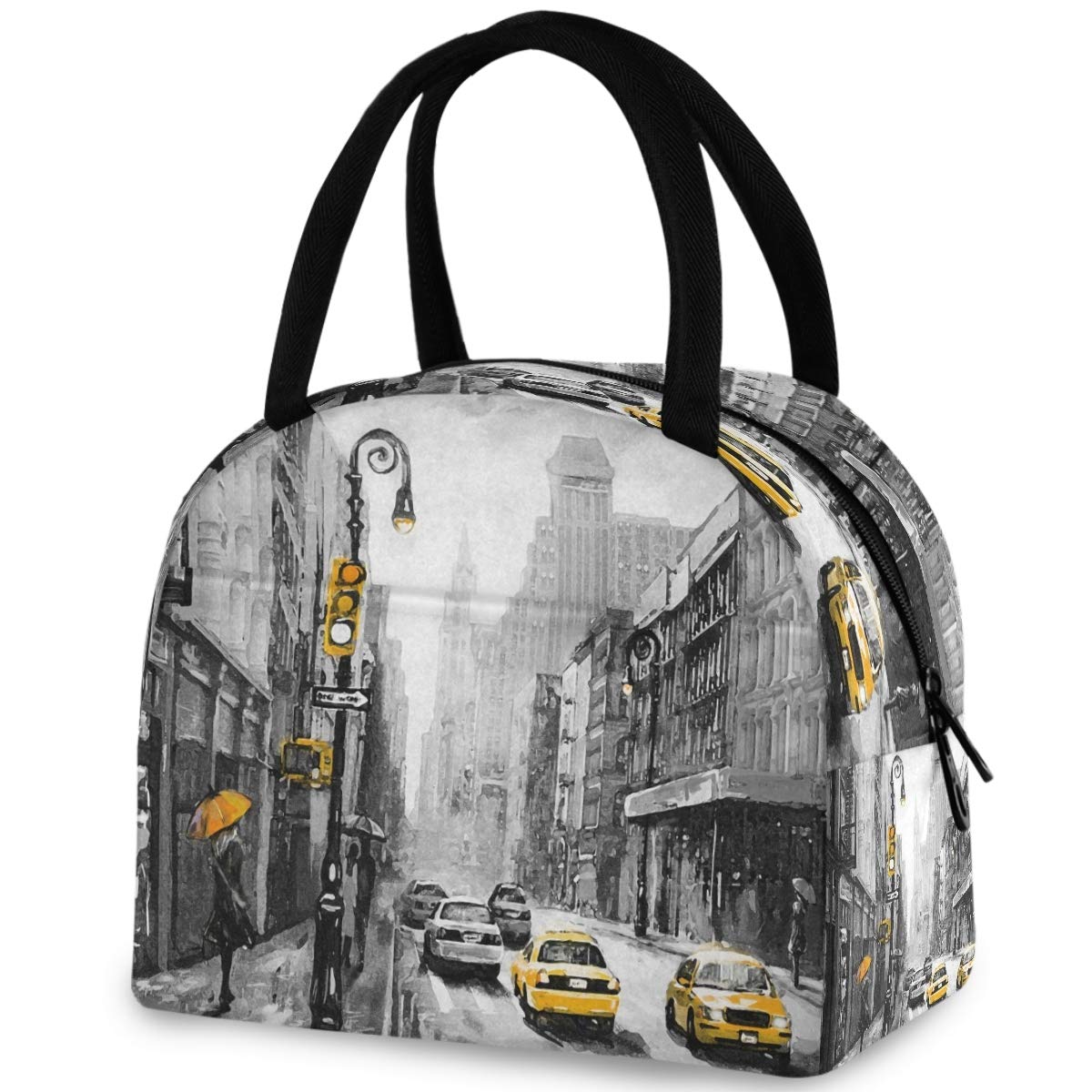 Stylish Insulated Reusable Lunch Tote Bag with Front Zipper Pocket - New York Street View Design - Thermal Cooler for Work, Picnic, Travel, Beach & Fishing