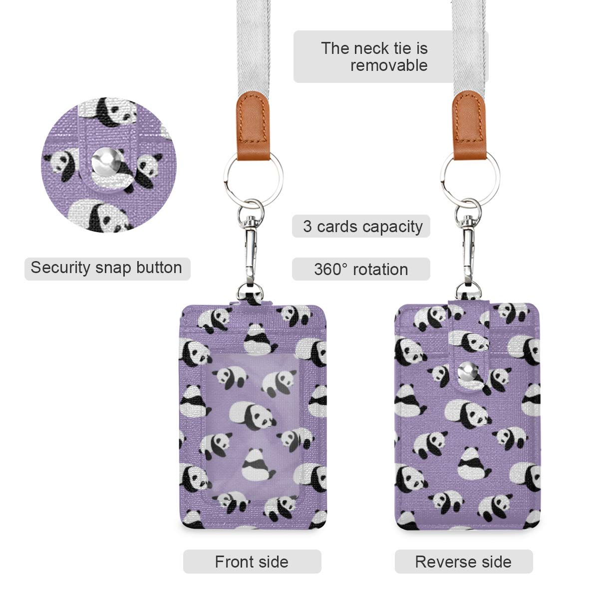 Cute Cartoon Panda Badge Holder - PU Leather ID Card Case Wallet with Neck Lanyard & Key Ring - Perfect for Work, School, Events & Conventions