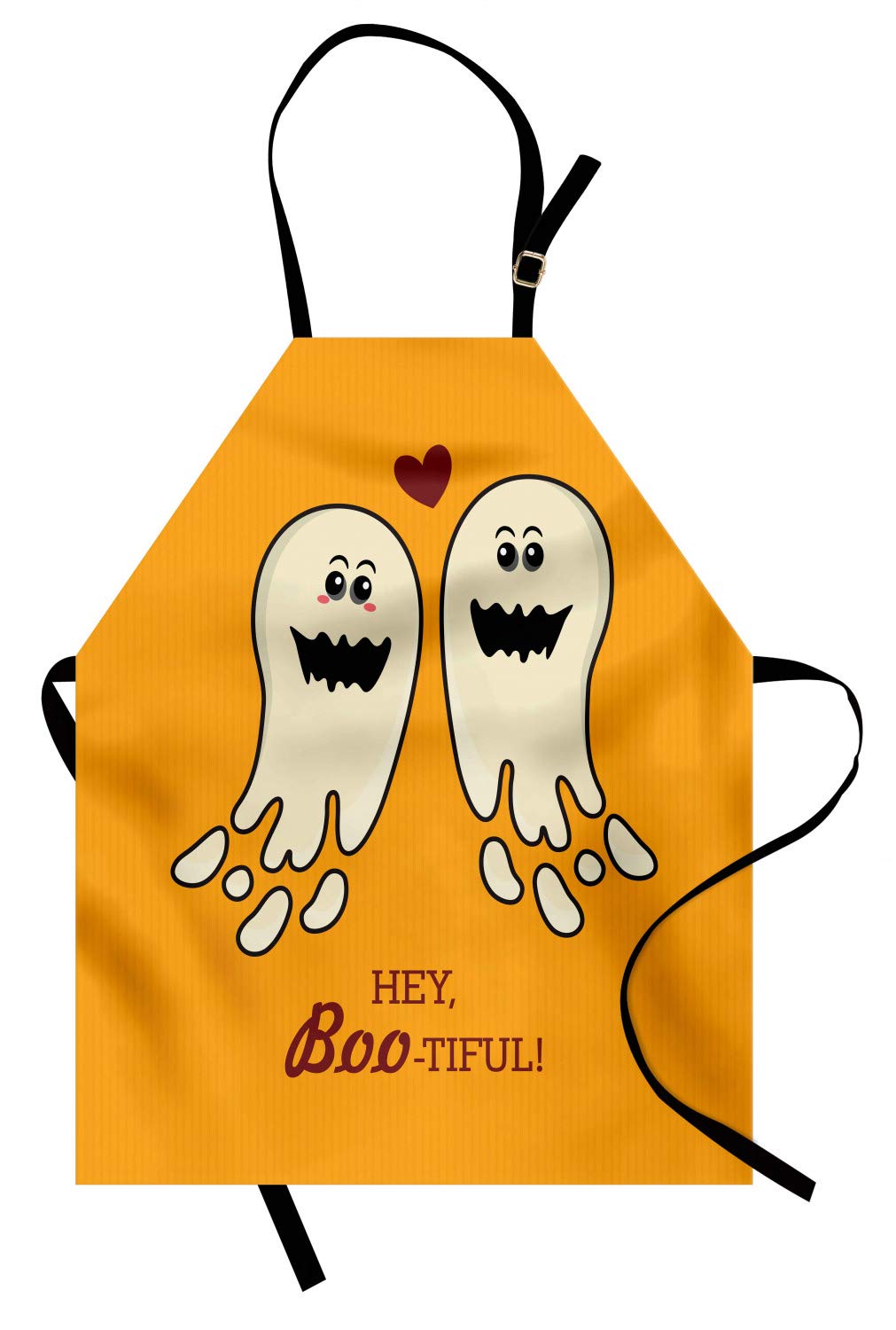 Ambesonne Halloween Apron - Funny 'Hey Boo-tiful' Ghost Design, Adjustable Unisex Kitchen Bib for Cooking & Gardening, Adult Size in Orange Eggshell Maroon - Perfect for Halloween Parties, Baking Treats & Spooky Decorations