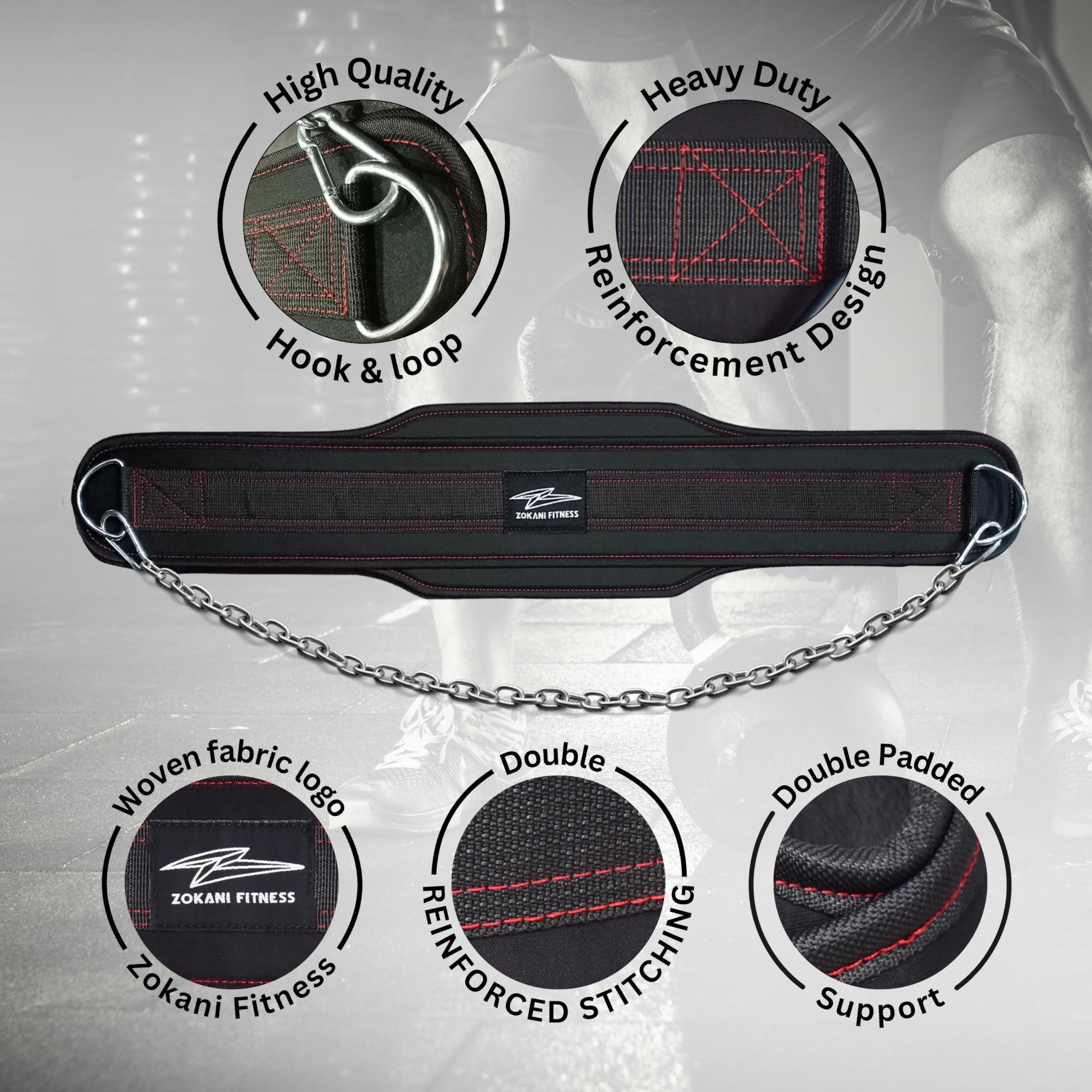 Zokani Heavy Duty Dip Belt with Chain - Supports Up to 800lbs for Weightlifting, Squats, Deadlifts & Pull Ups - Adjustable Strength Training Belt for Men & Women - Perfect for Gym, CrossFit & Home Workouts