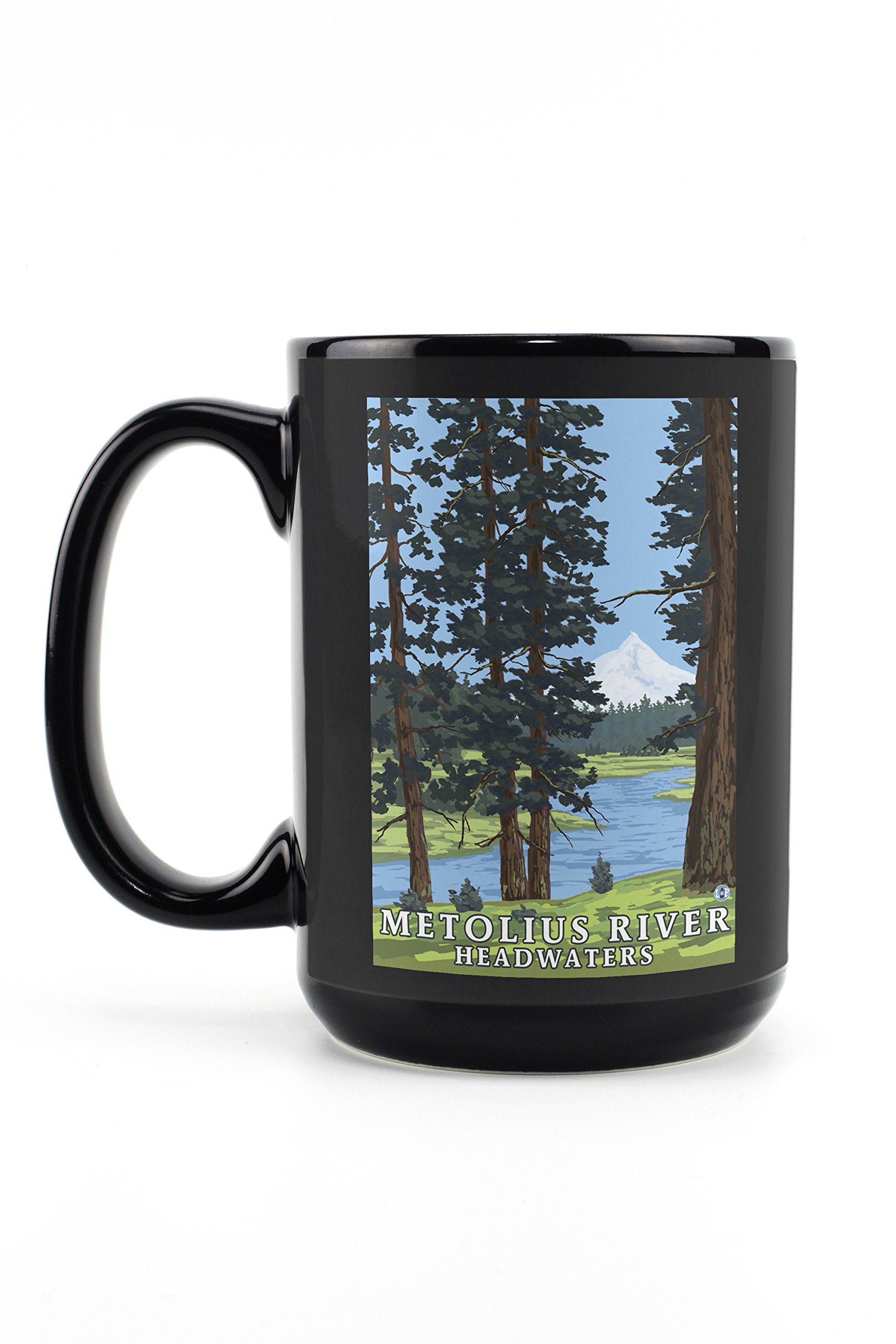 Metolius River Headwaters Oregon 15oz Black Ceramic Coffee Mug - Microwave & Dishwasher Safe Travel Mug for Camping, Office & Home Use