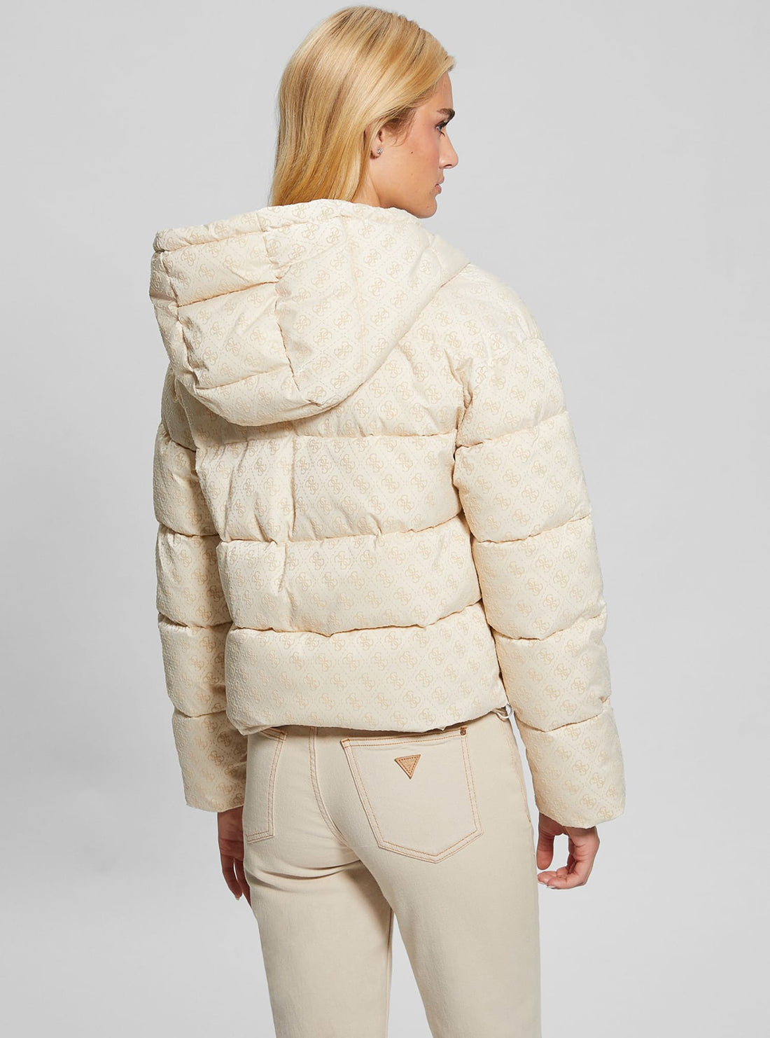 Beige Logo Daisy Puffer Jacket for Women - Lightweight Winter Coat with Floral Design - Perfect for Outdoor Activities & Casual Wear