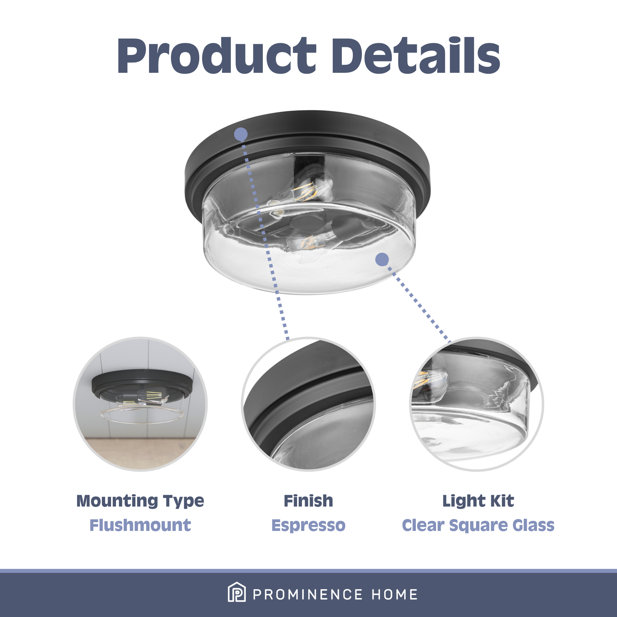 Madalyn Drum Flushmount Light Fixture - Clear Glass Shade with Espresso Finish - Modern Ceiling Lighting for Bedroom, Living Room & Dining Room
