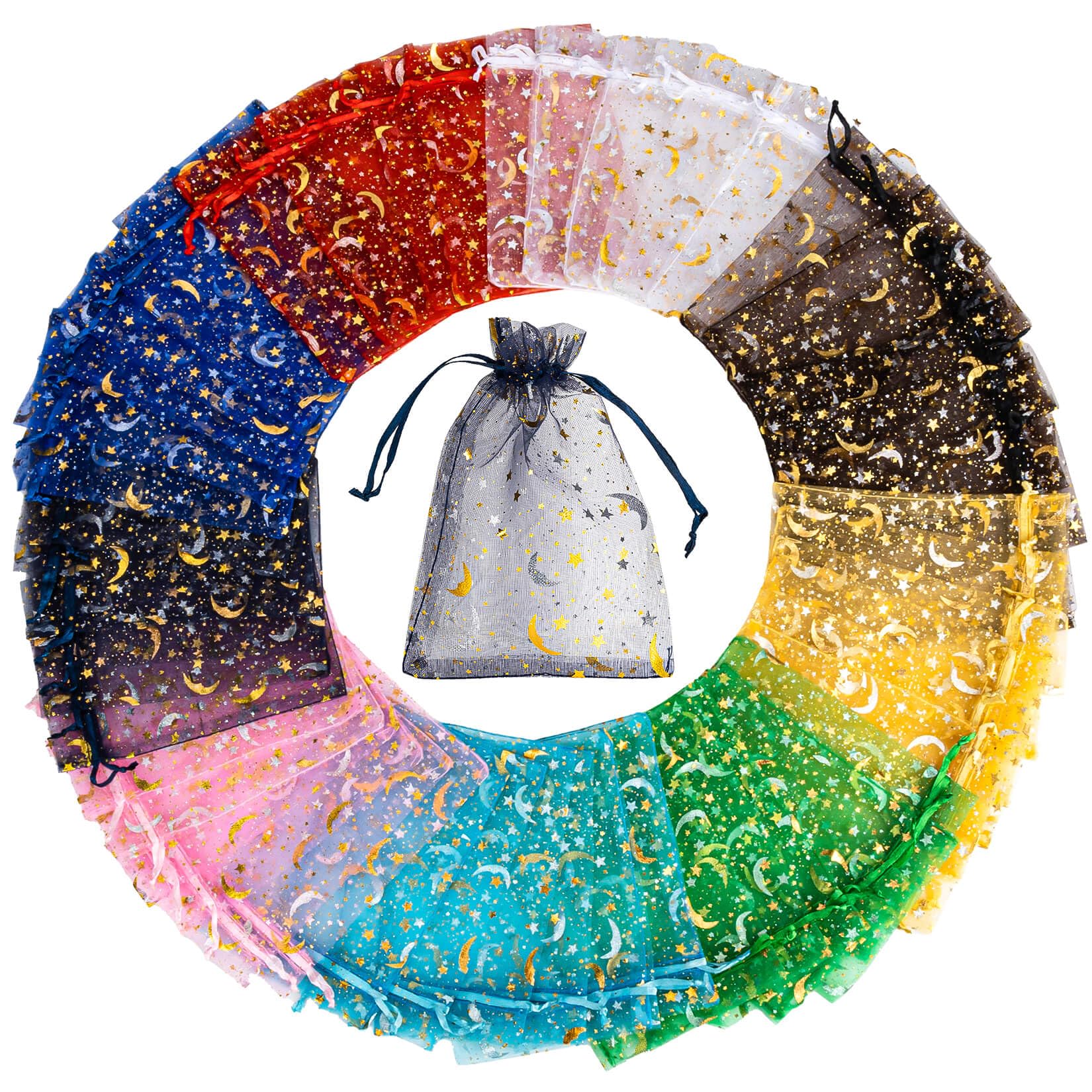 100pcs 4x6 Inch Organza Gift Bags Bulk - Moon Star Design Drawstring Mesh Pouch for Jewelry, Candy, Wedding Favors, Party Decorations | Perfect for Halloween, Christmas, Birthday Celebrations & Small Item Storage