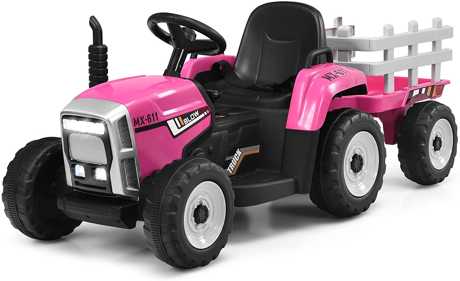 GLACER 12V Battery Powered Kids Ride on Tractor with Trailer - Remote Control Electric Toy Car with 3-Speed Gear Shift, LED Lights, Music & USB Port - Pink Ground Loader Tractor for Outdoor Play, Backyard Fun & Birthday Gifts for Toddlers Ages 2-5 Years