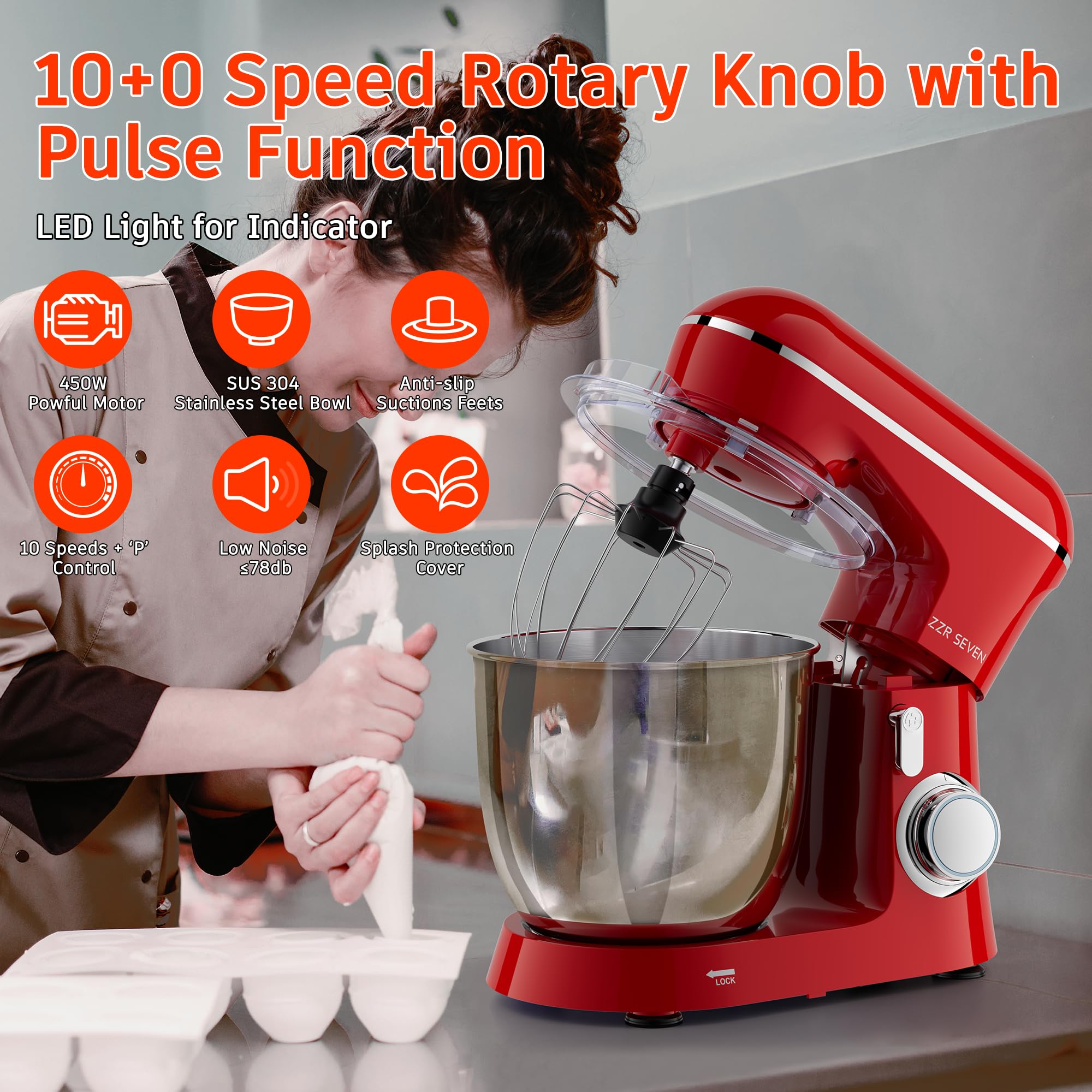 450W Stand Mixer with 5.5QT Stainless Steel Bowl - Professional Kitchen Mixer for Dough, Cake & Baking | Includes Beater, Dough Hook & Egg Whisk | Perfect for Home Bakers & Small Bakeries (Red)
