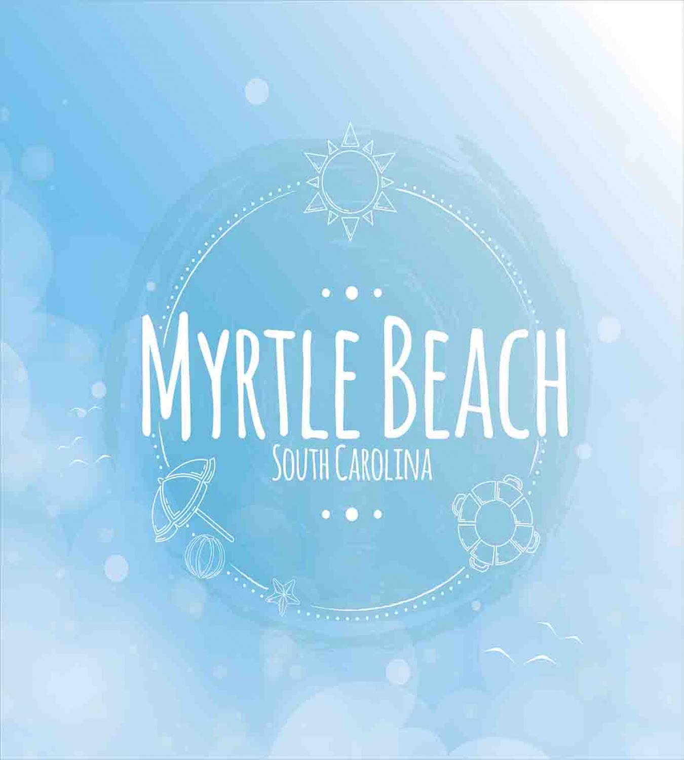 Lunarable Myrtle Beach Duvet Cover Set - South Carolina Coastal Lettering with Sun Umbrella & Starfish Sketch, 3-Piece Decorative Bedding Set with 2 Pillow Shams, California King Size, Pale Blue White Blue - Perfect for Beach House, Coastal Decor & Summer Bedroom Themes