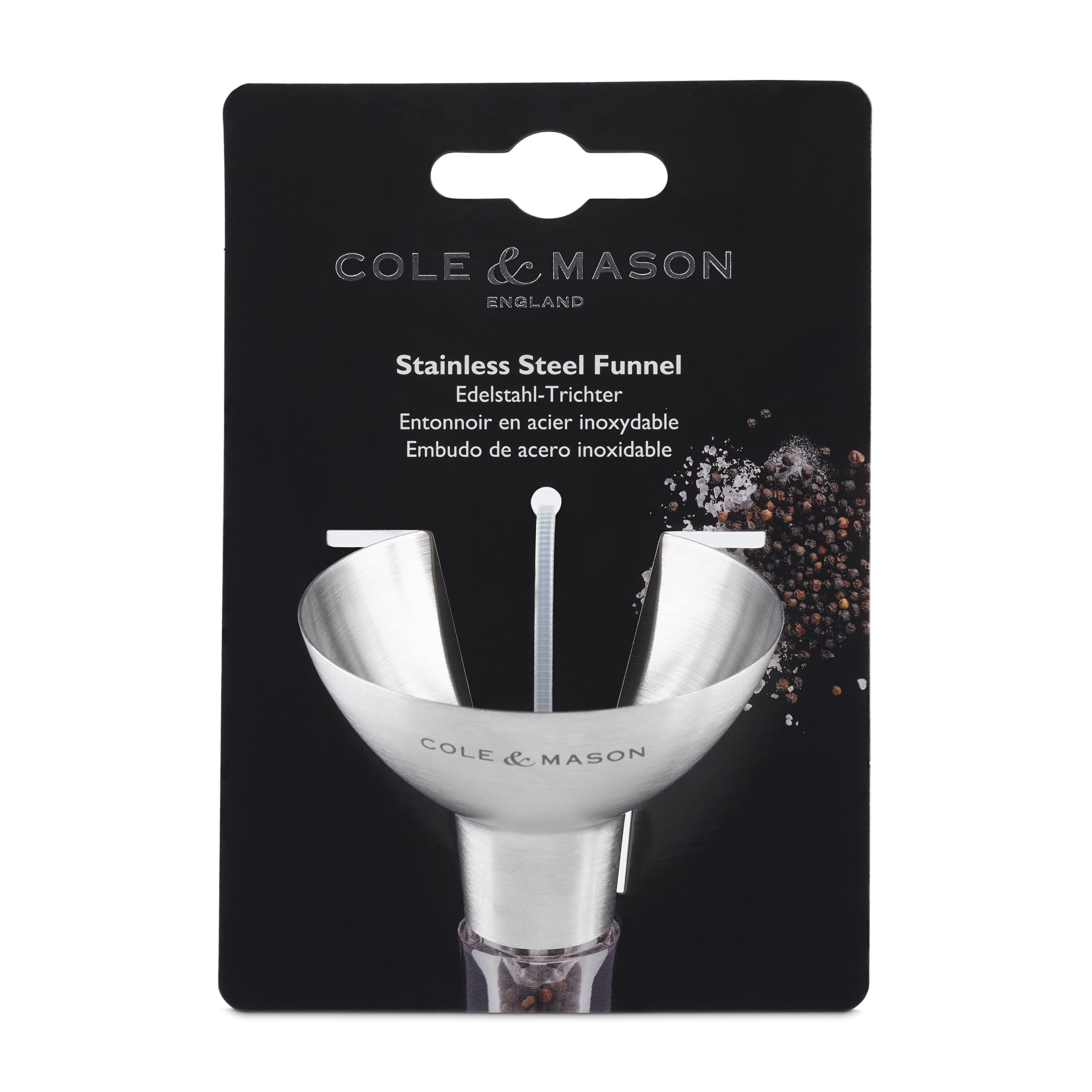 Cole & Mason Stainless Steel Salt and Pepper Funnel - Premium Metal Kitchen Funnel for Spice Jars, Bottles & Seasoning Containers - Durable Small Funnel for Easy Refilling - Perfect for Home Cooking, Baking & Pantry Organization