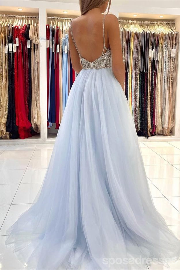 Elegant Blue A-Line Spaghetti Strap V-Neck Maxi Long Party Prom Dress for Women - Perfect for Evening Gala, Formal Events & Special Occasions