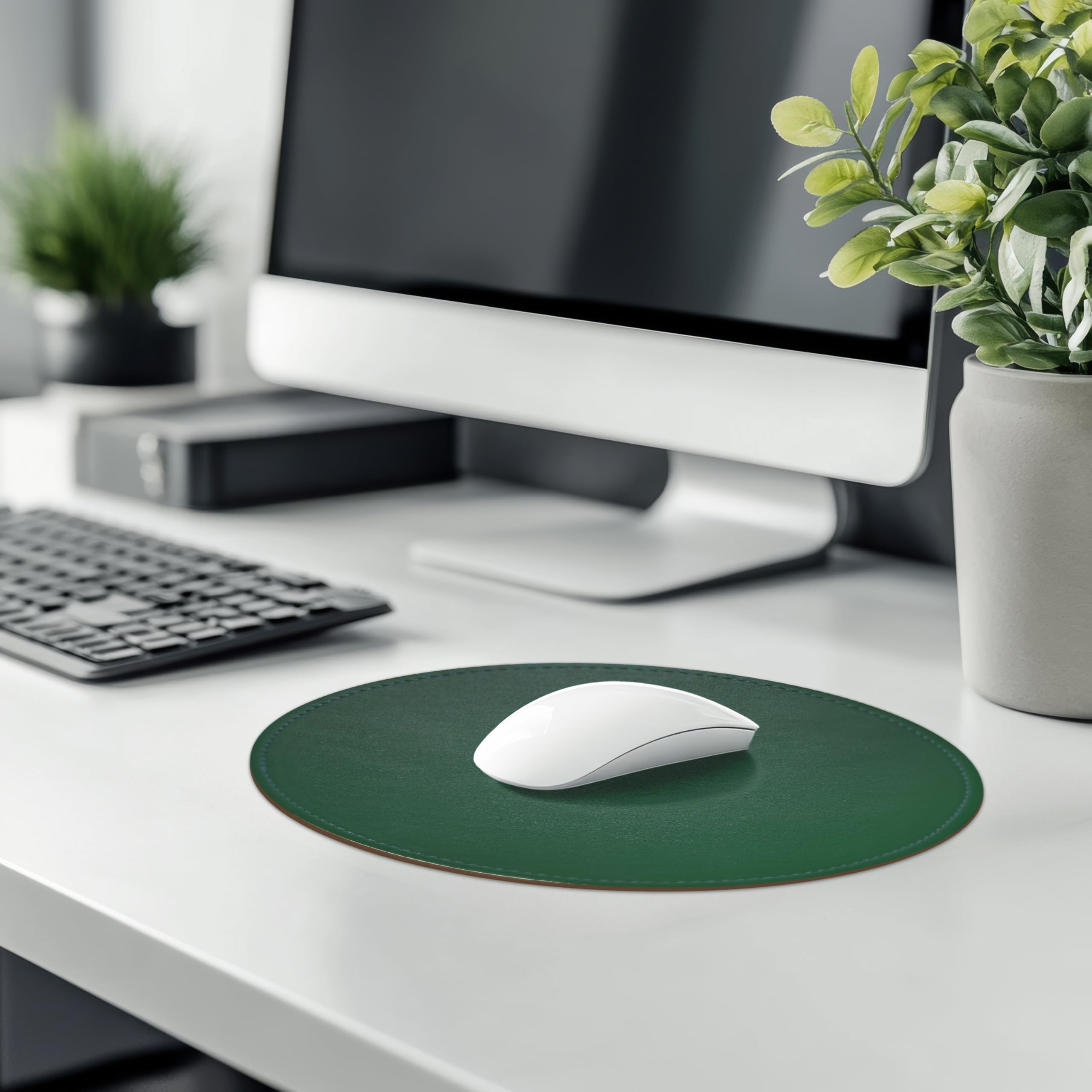 Premium Round PU Leather Mouse Pad with Stitched Edge & Non-Slip Micro-Fiber Base - Waterproof Desk Mat for Computer, Laptop, Gaming (9x9 Inch, Army Green) - Perfect for Office, Home & Gaming Setup