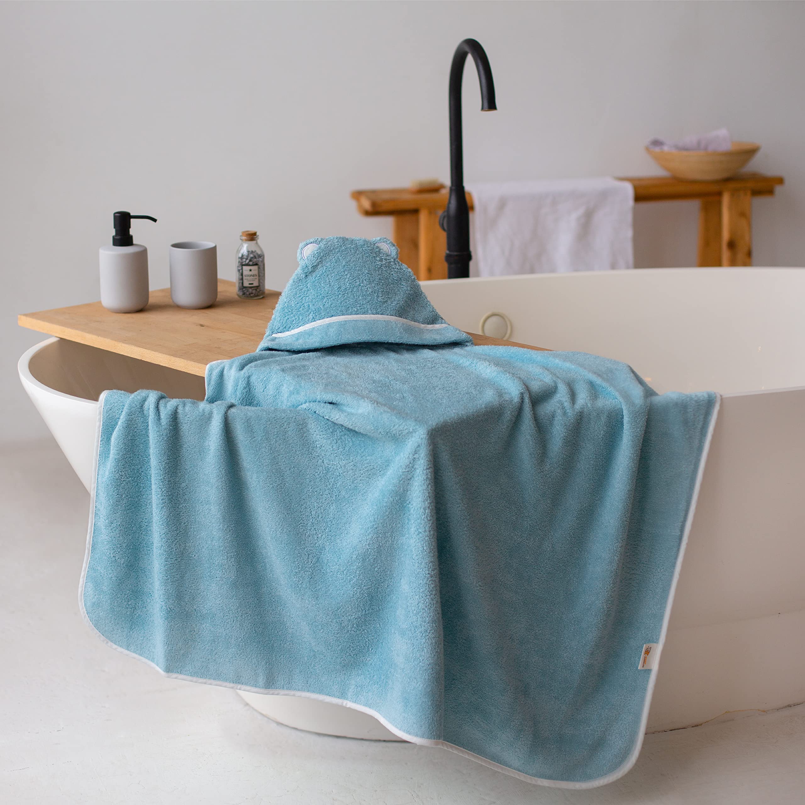 Premium Bamboo Rayon Toddler Hooded Towel - Soft & Absorbent Baby Bath Towel for Boys & Girls - Large Kids Hooded Towel for Swimming, Bath Time & Beach (Blue)