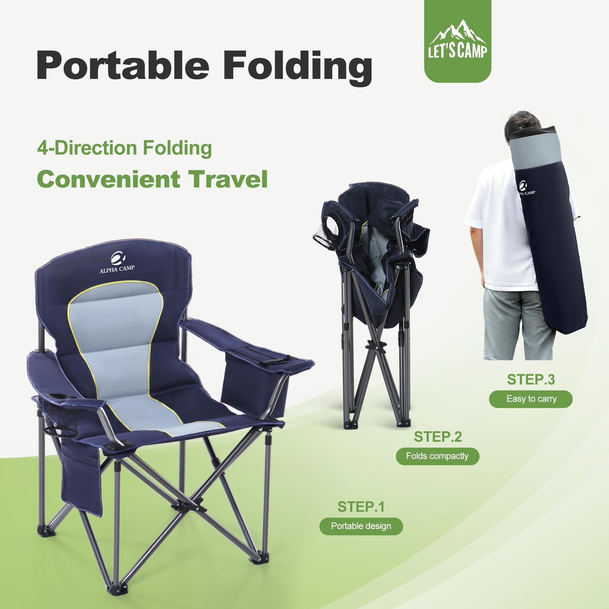 LET'S CAMP Oversized Folding Camping Chair - Heavy Duty Portable Outdoor Chair with Cup Holder, Storage Pocket & Cooler Bag - Supports 450LBS - 2 Pack Blue - Perfect for Camping, Beach, Backyard, Picnic, Fishing, and Outdoor Events