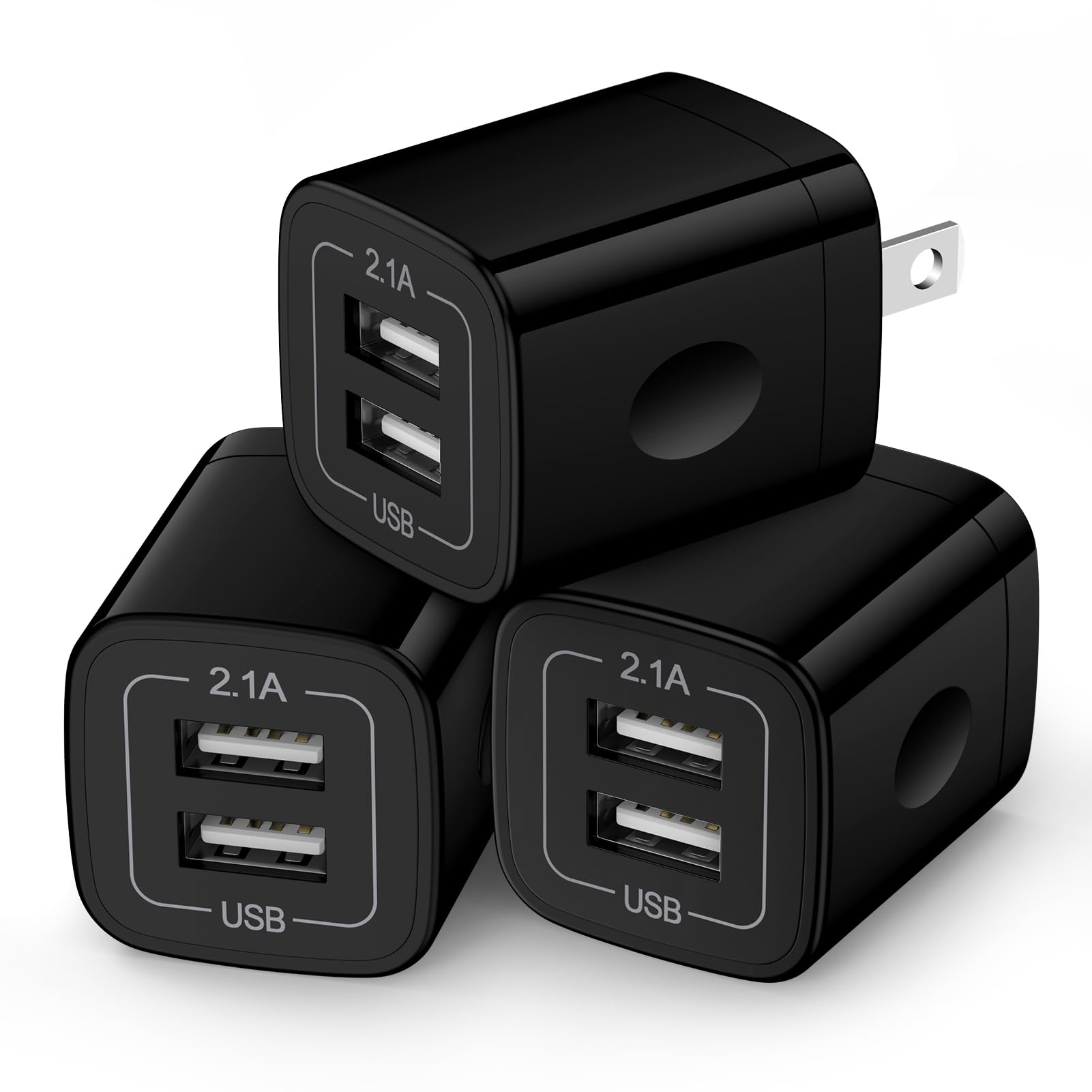 2.1A/5V Dual Port USB Wall Charger Block - Fast Charging Cube Adapter Plug for iPhone 15 Pro/14/13/12 & Samsung Galaxy S24/S23/S22/S21/S20 - 3 Pack Black Travel Power Chargers (Perfect for Home, Office & Travel Use)