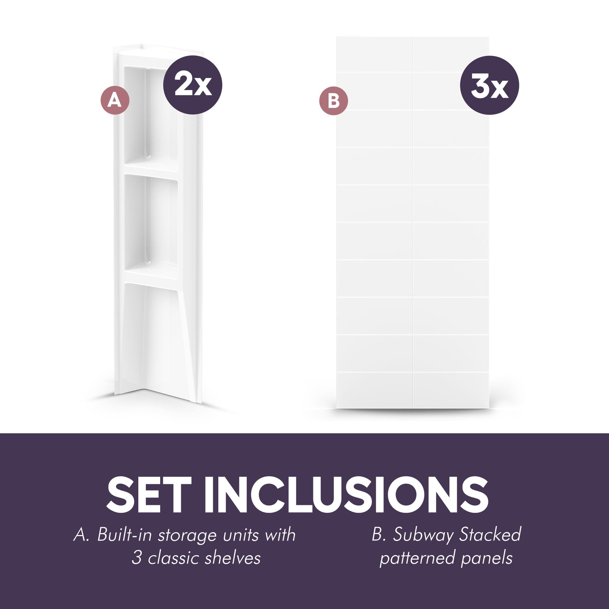 White Acrylic Bathtub Wall Surround Panels - Waterproof, Easy-to-Install Kit with 2 Shelf Units (Stacked Tiles Pattern, Classic Shelves) 58